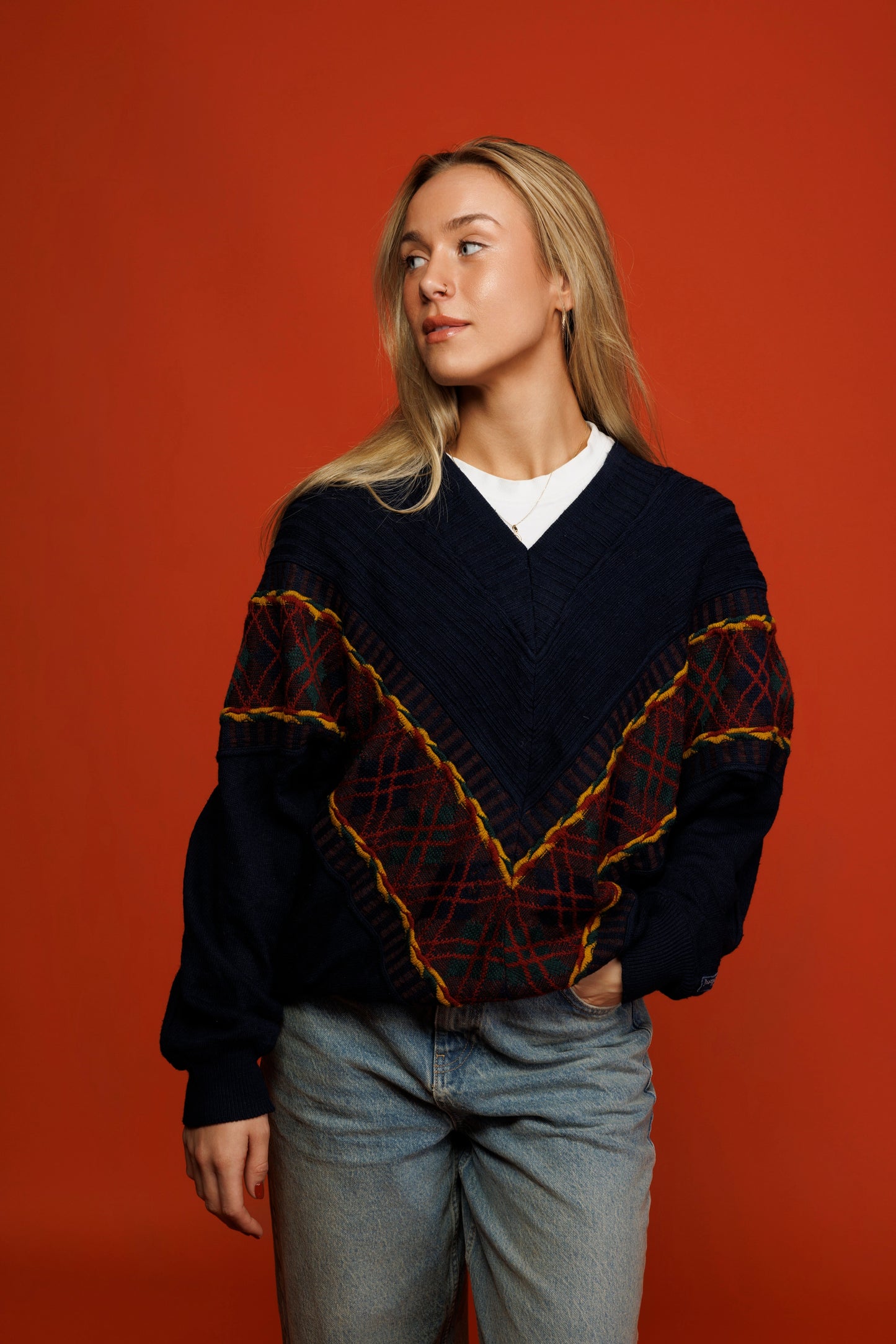 70's Vneck Cable Jumper L