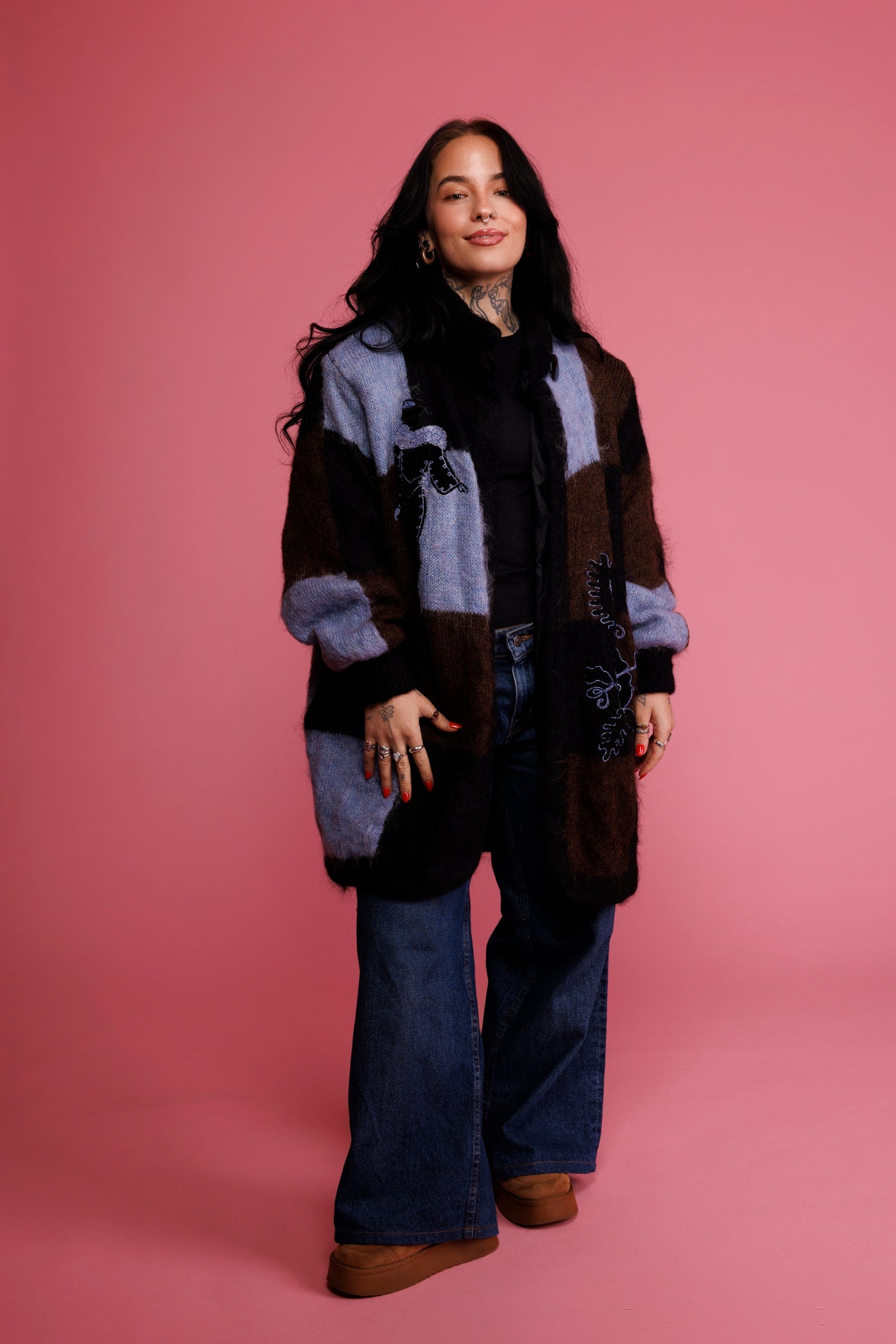 80's Mohair Patchwork Knit Cardi Coat M/L