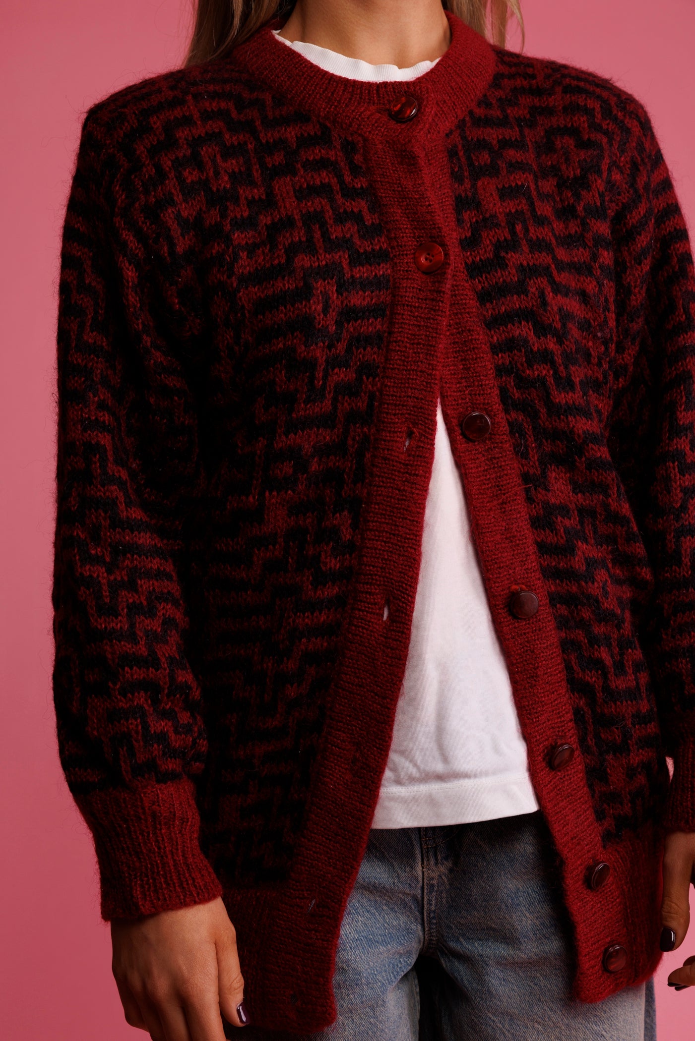 80's Red Geometric Mohair Cardi M