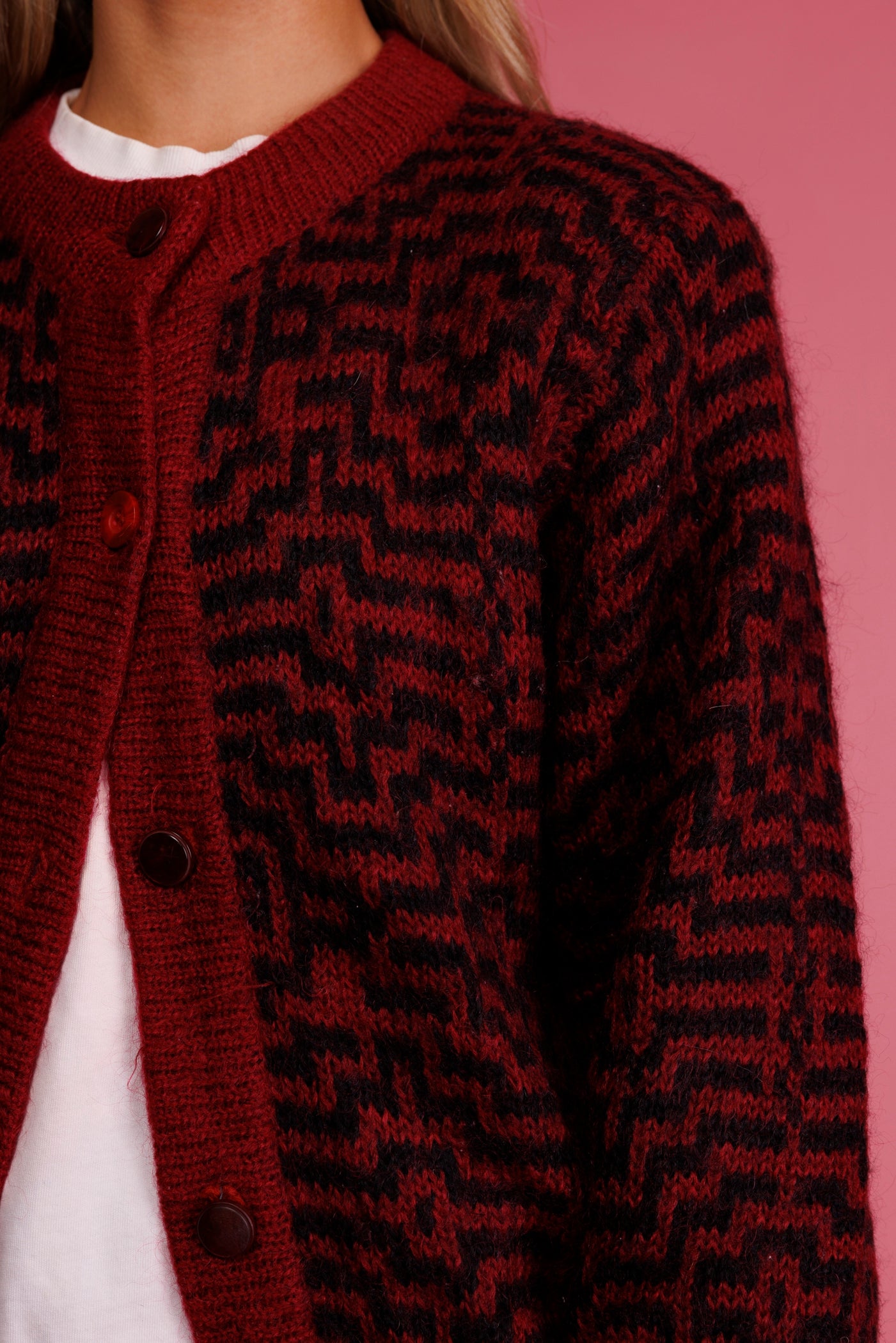 80's Red Geometric Mohair Cardi M