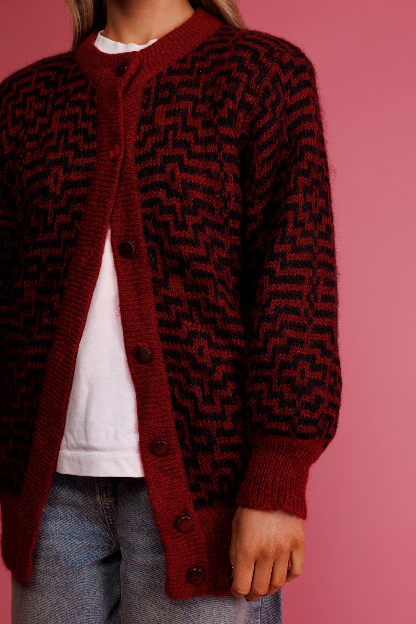 80's Red Geometric Mohair Cardi M