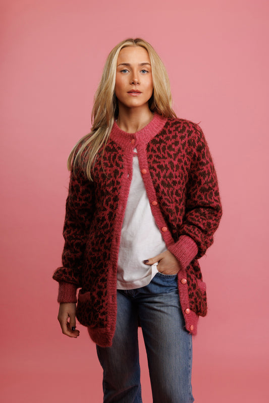 80's Magenta Cheetah Mohair Cardi Coat M/L