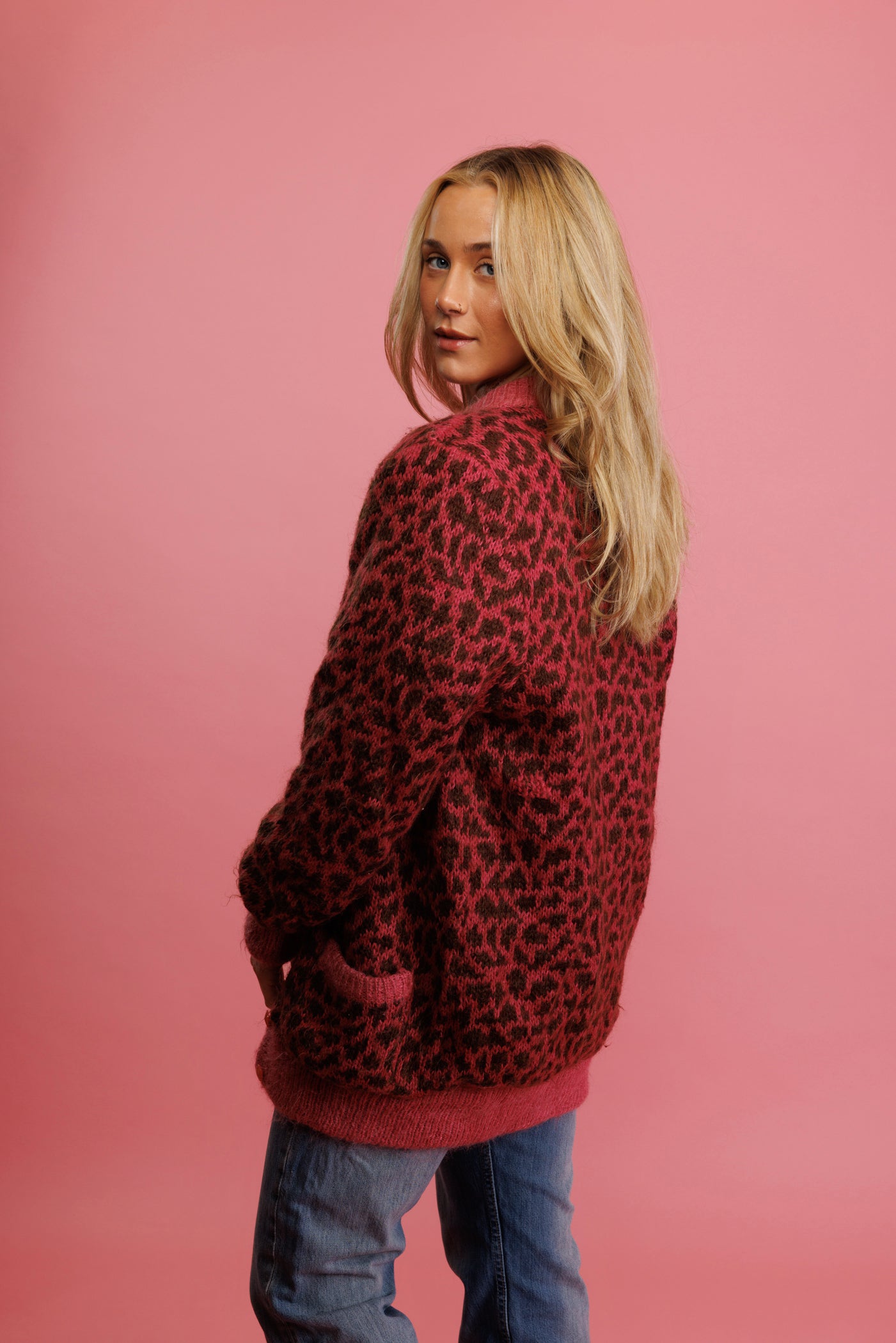 80's Magenta Cheetah Mohair Cardi Coat M/L