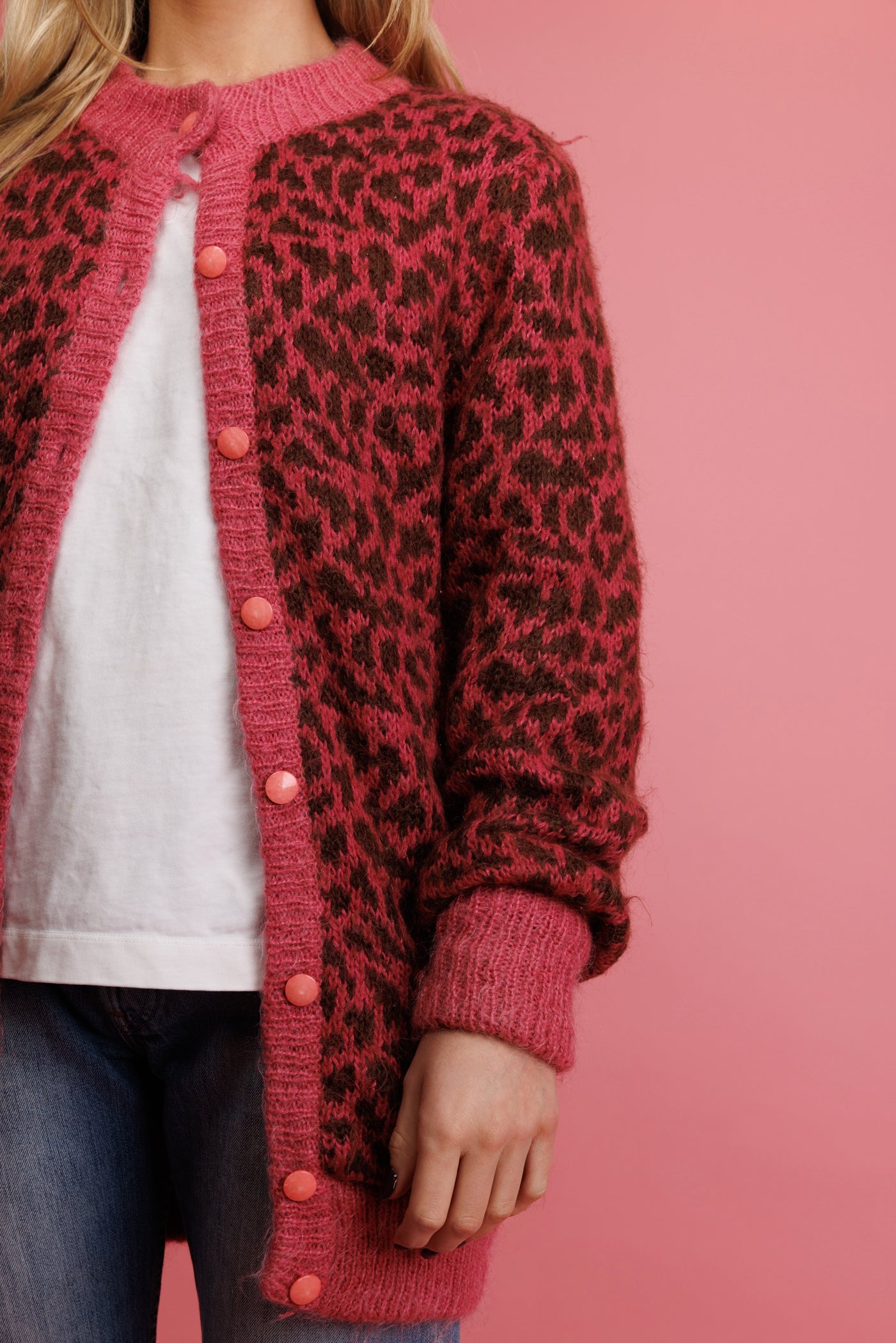 80's Magenta Cheetah Mohair Cardi Coat M/L