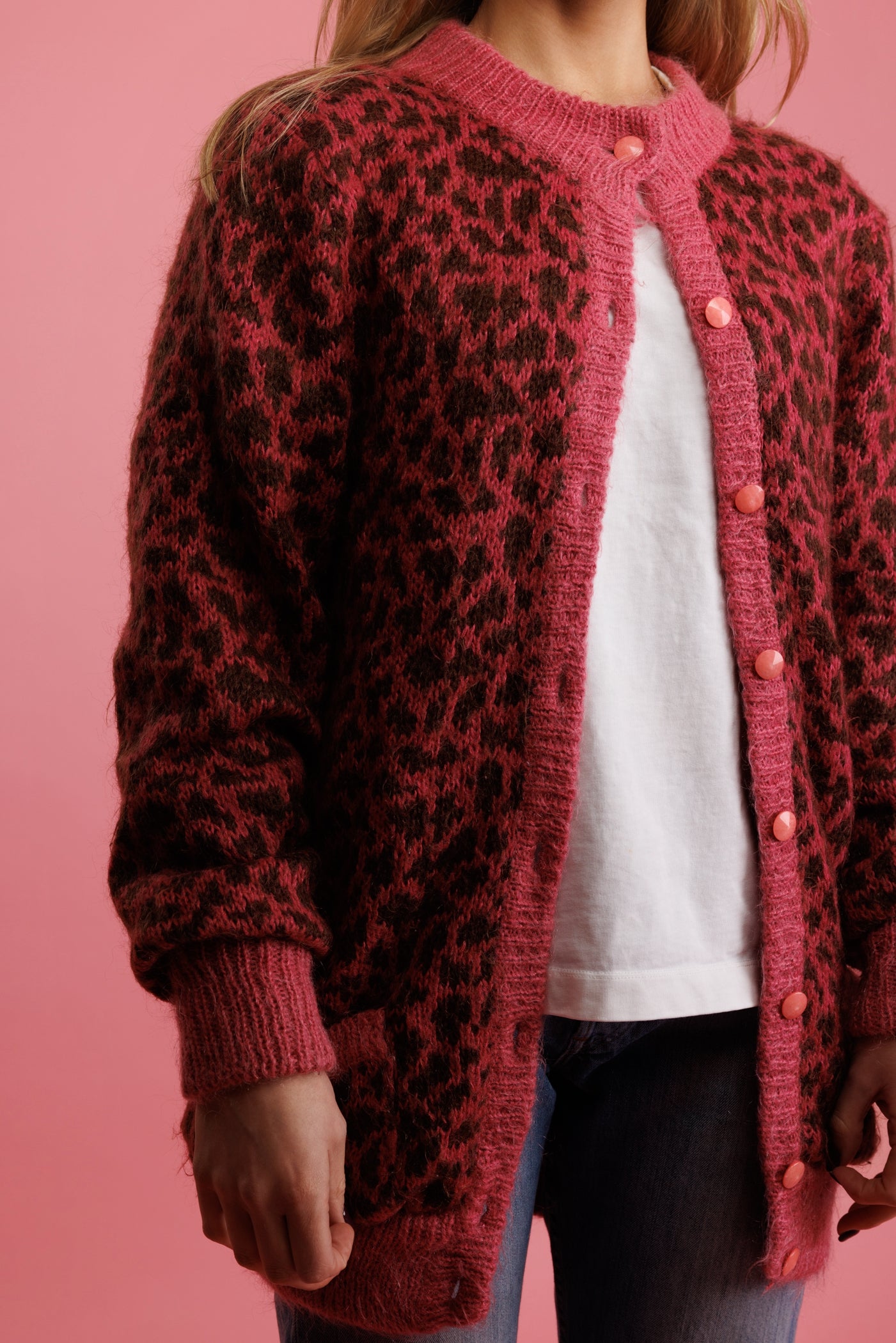 80's Magenta Cheetah Mohair Cardi Coat M/L