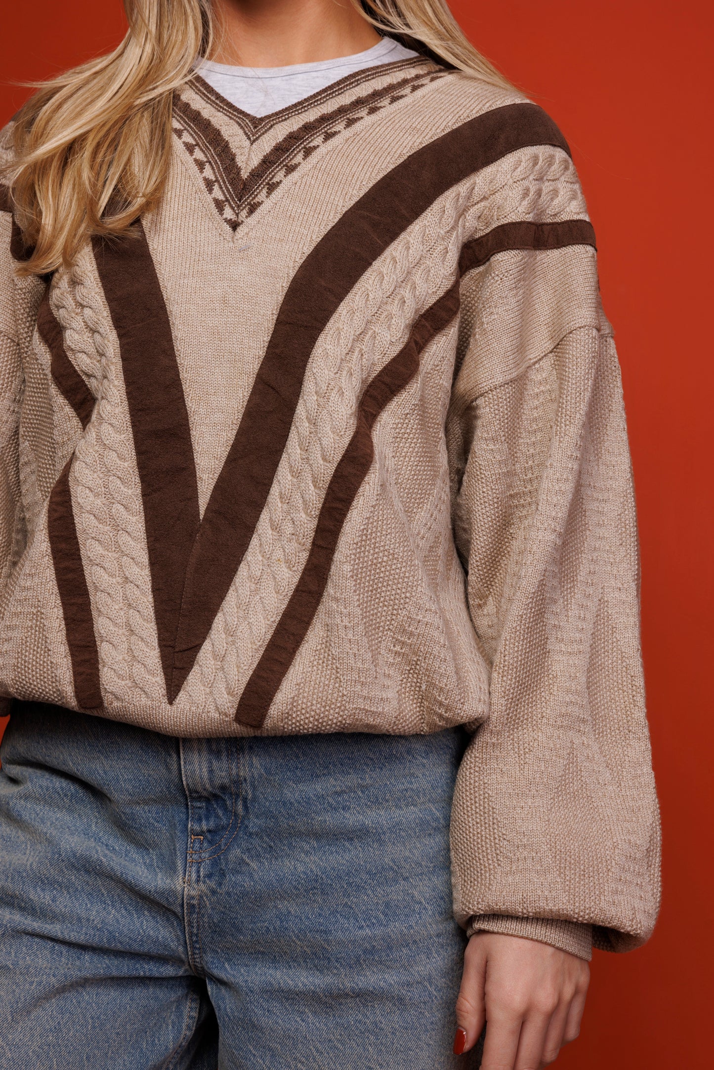 80's Oatmeal & Suede V Neck Knit Jumper L