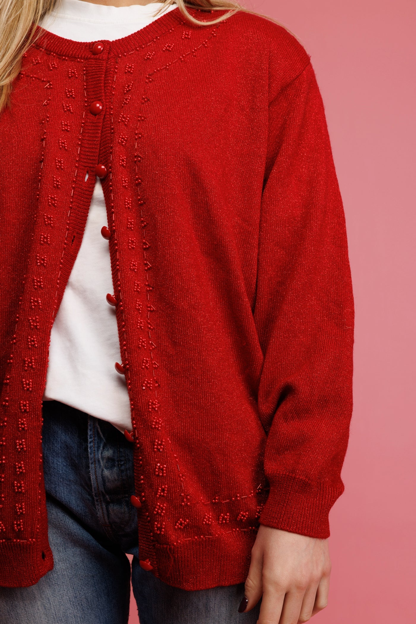 90's Red Beaded Cardigan M/L