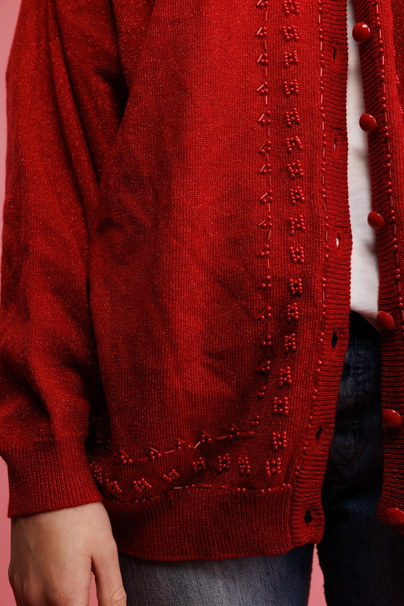 90's Red Beaded Cardigan M/L