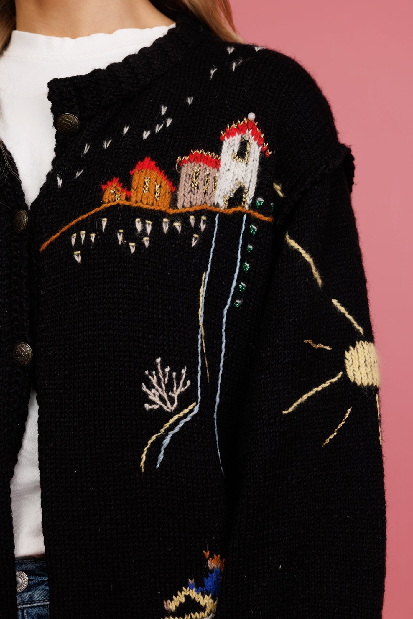 80's Handknit Cottage Scene Cardigan M