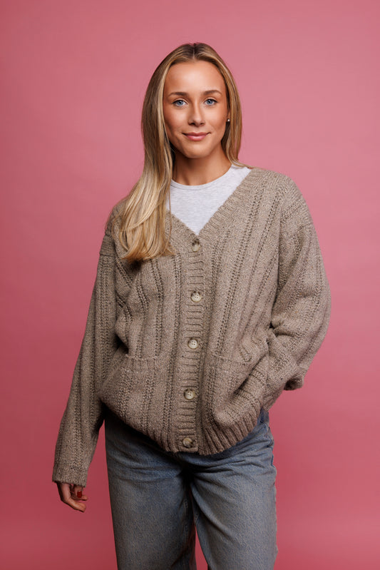 80's Oatmeal Chunky Knit Cardigan L