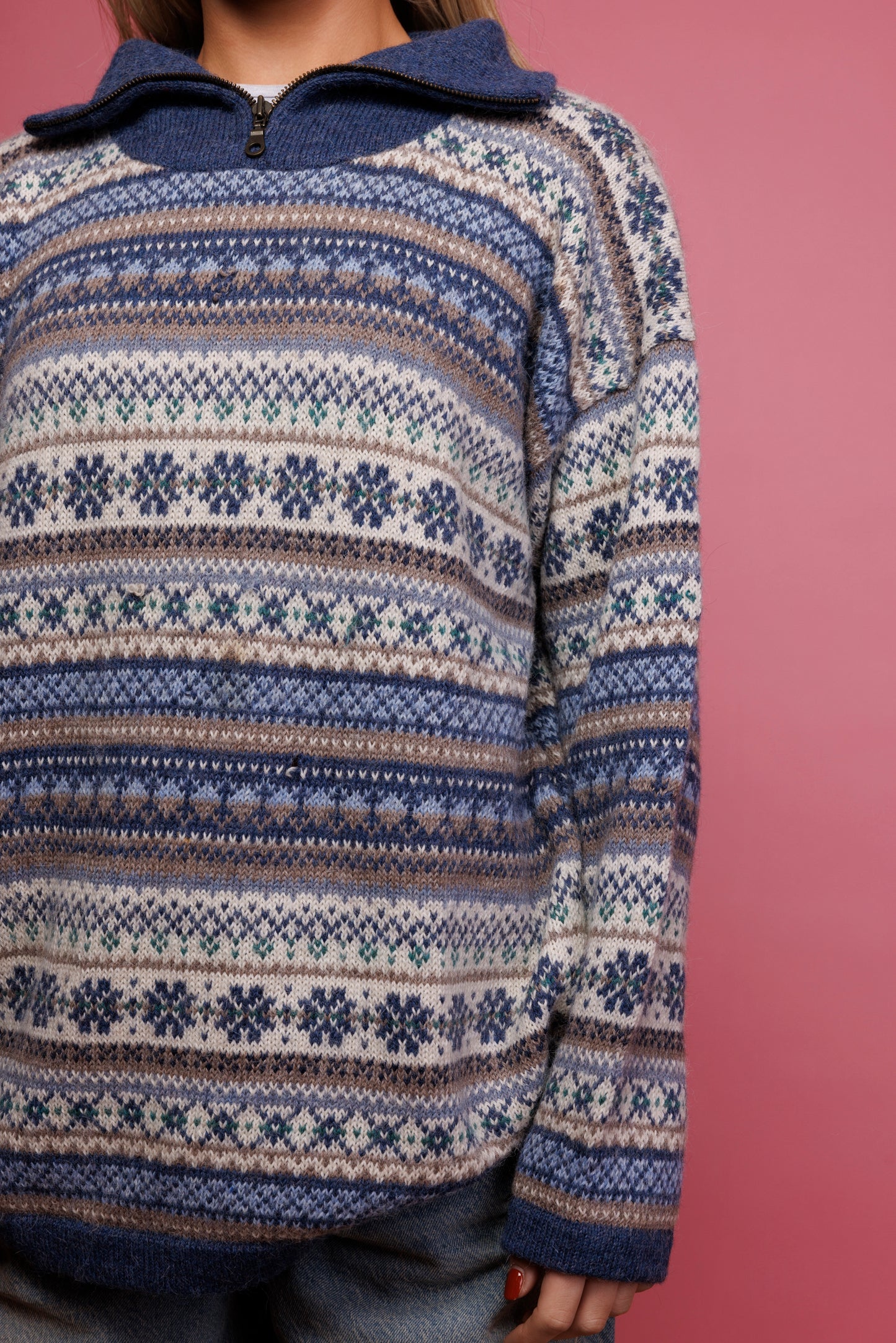 80's Fairisle HalfZip Blue Knit Jumper M/L