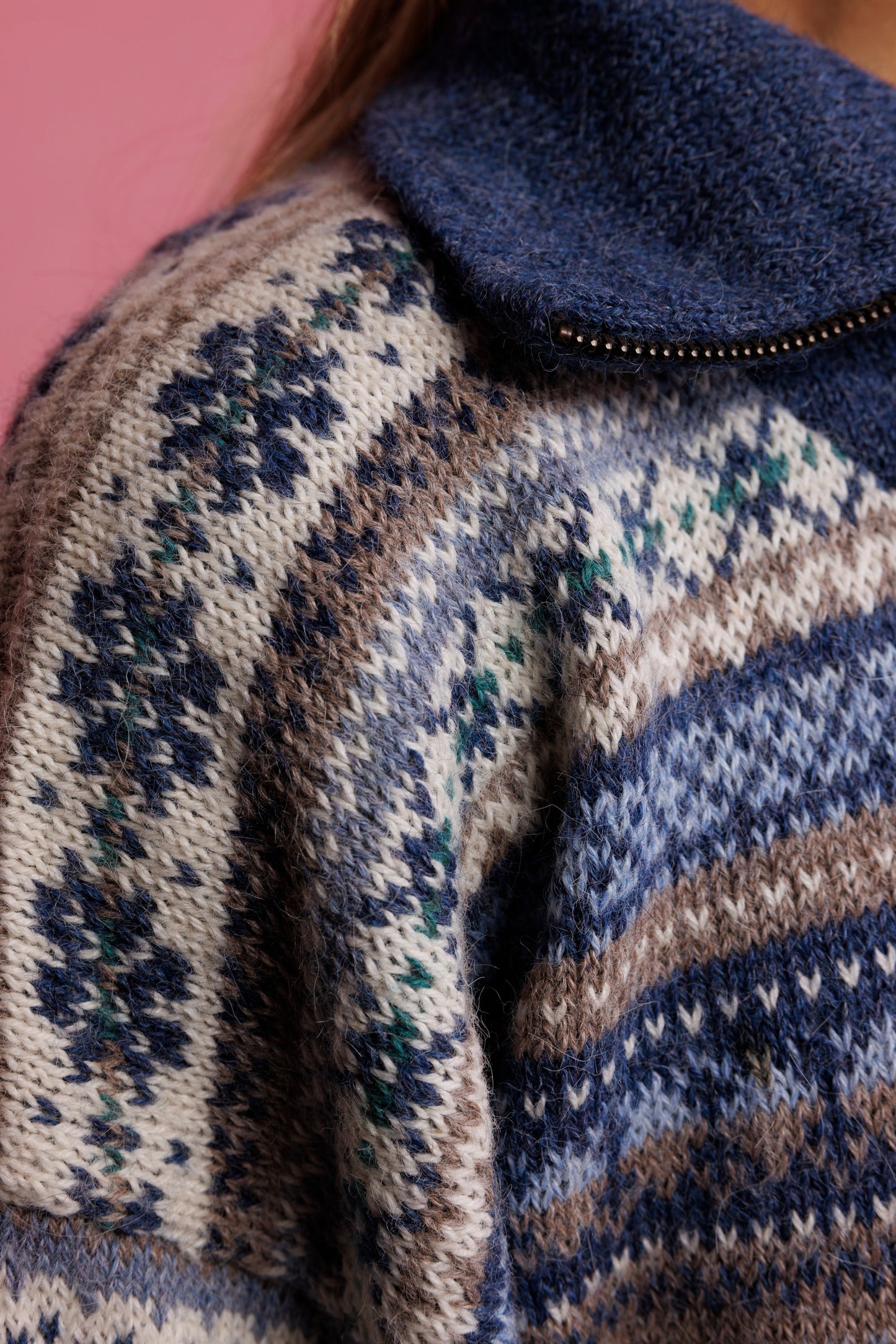 80's Fairisle HalfZip Blue Knit Jumper M/L