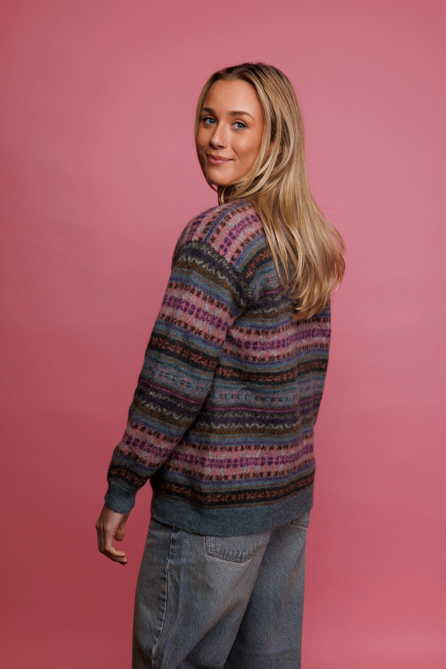 80's Dusty Pink Fairisle Cardigan M