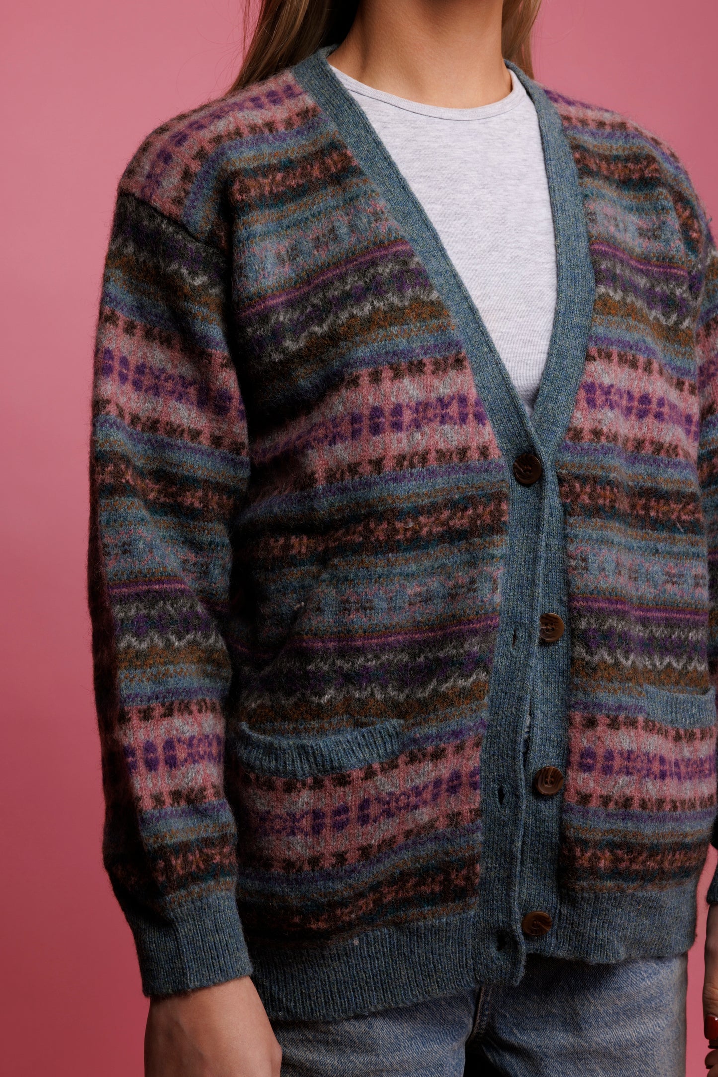 80's Dusty Pink Fairisle Cardigan M