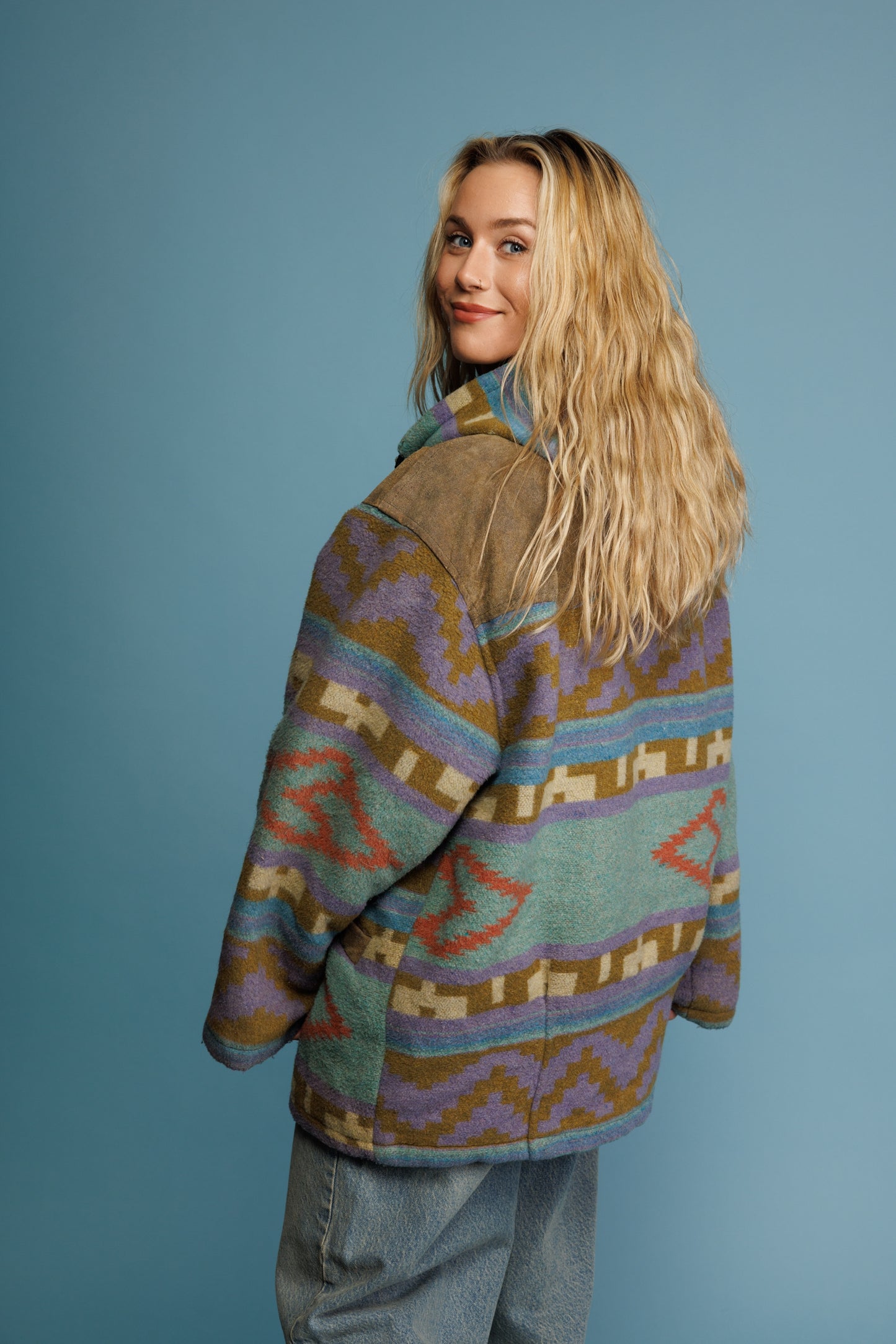 70's Pastel Aztec Wool & Suede Jacket L