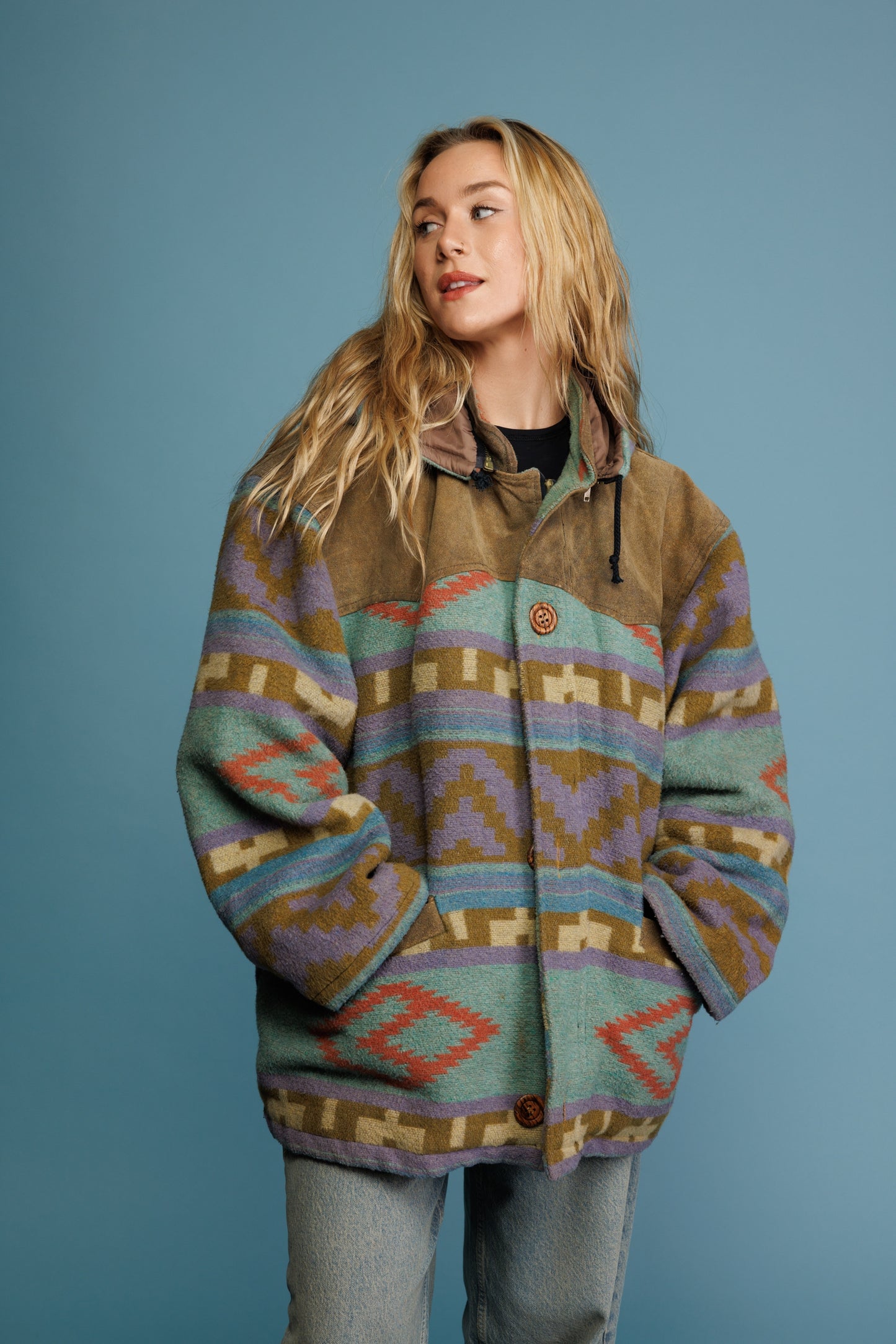 70's Pastel Aztec Wool & Suede Jacket L