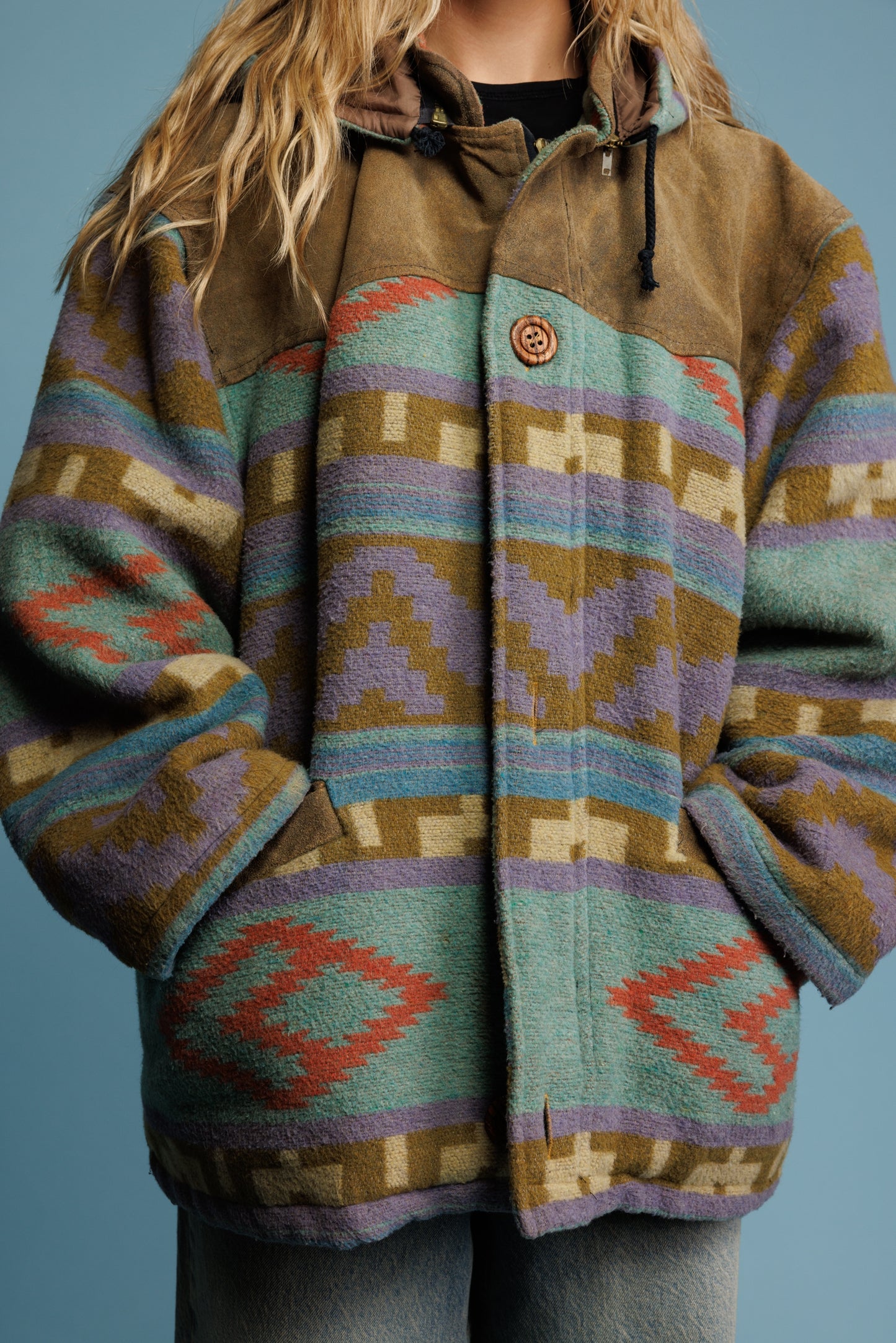 70's Pastel Aztec Wool & Suede Jacket L