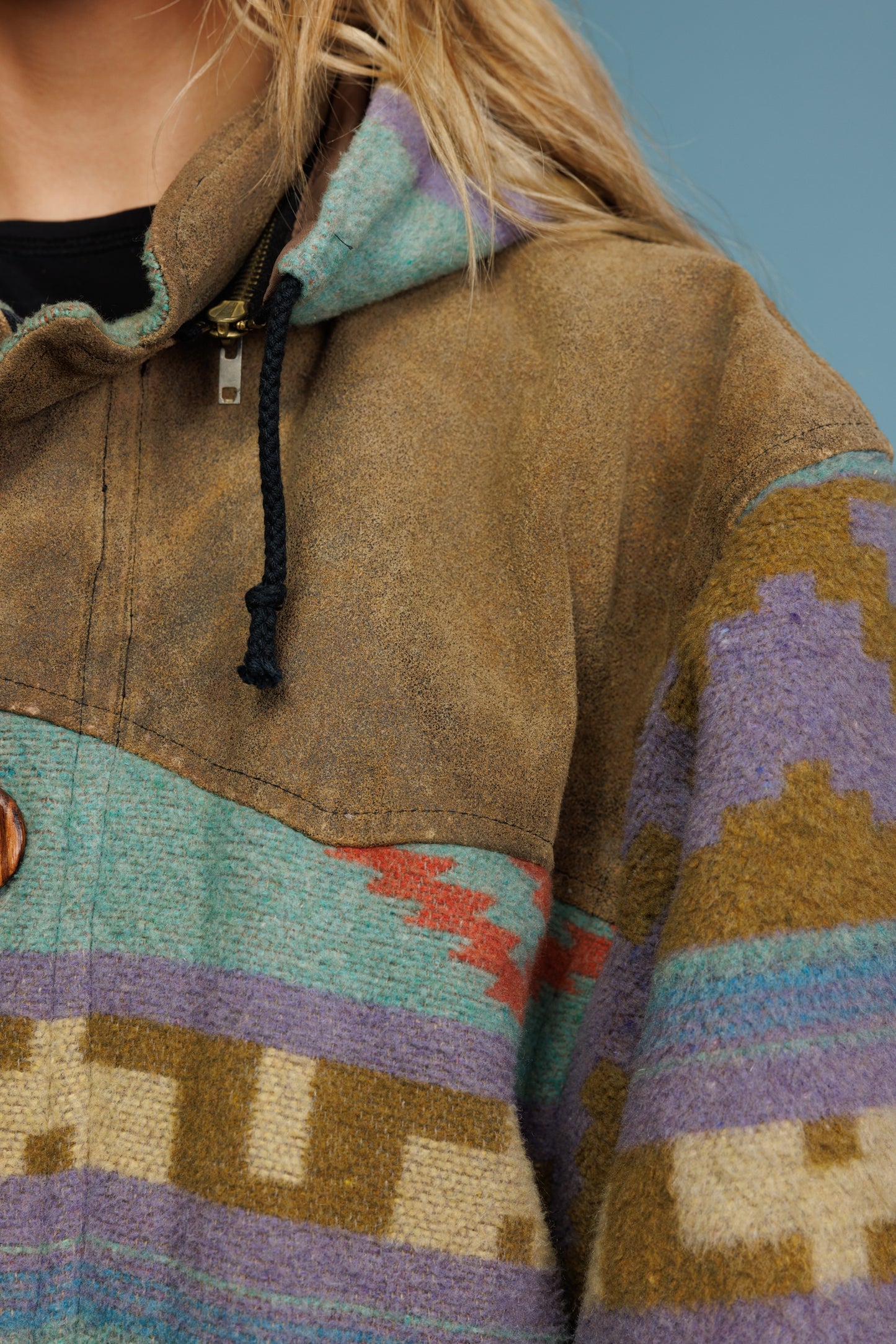 70's Pastel Aztec Wool & Suede Jacket L