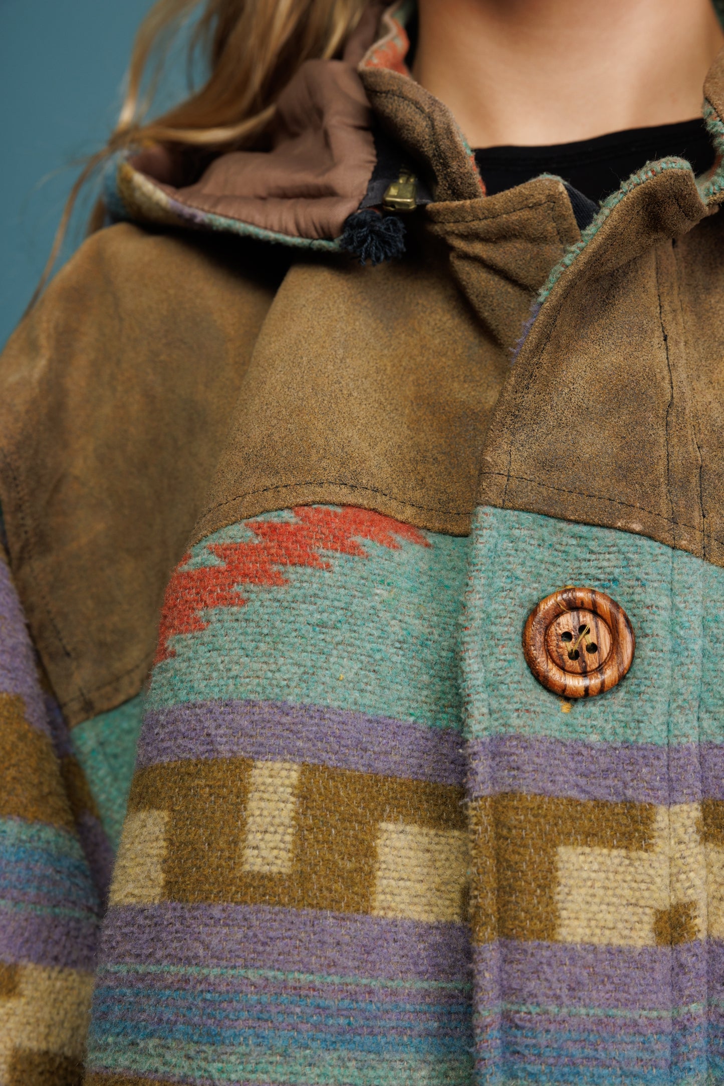 70's Pastel Aztec Wool & Suede Jacket L