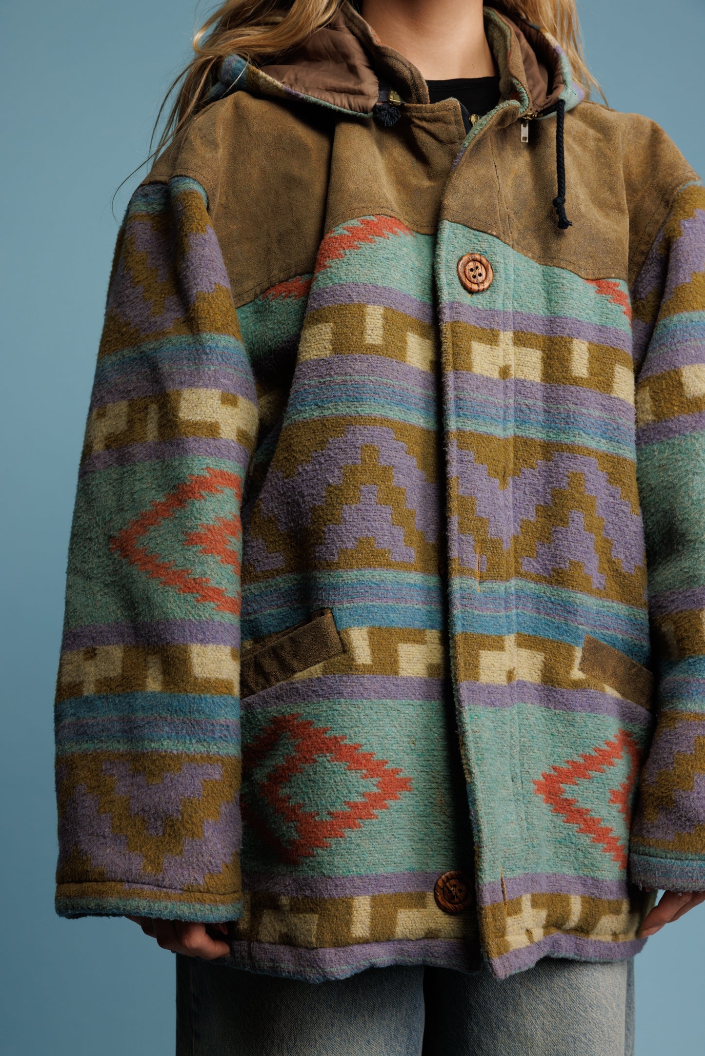 70's Pastel Aztec Wool & Suede Jacket L