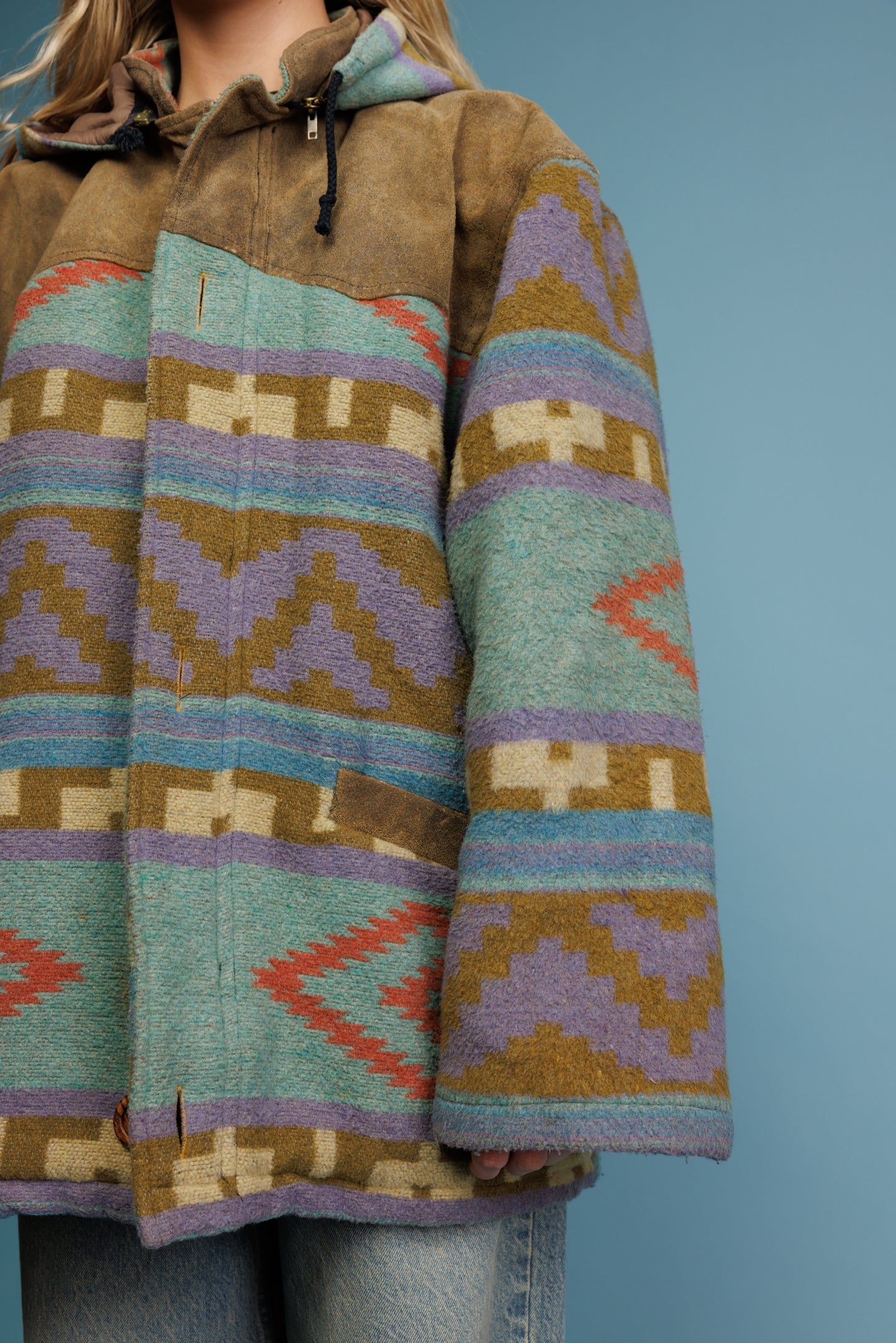 70's Pastel Aztec Wool & Suede Jacket L