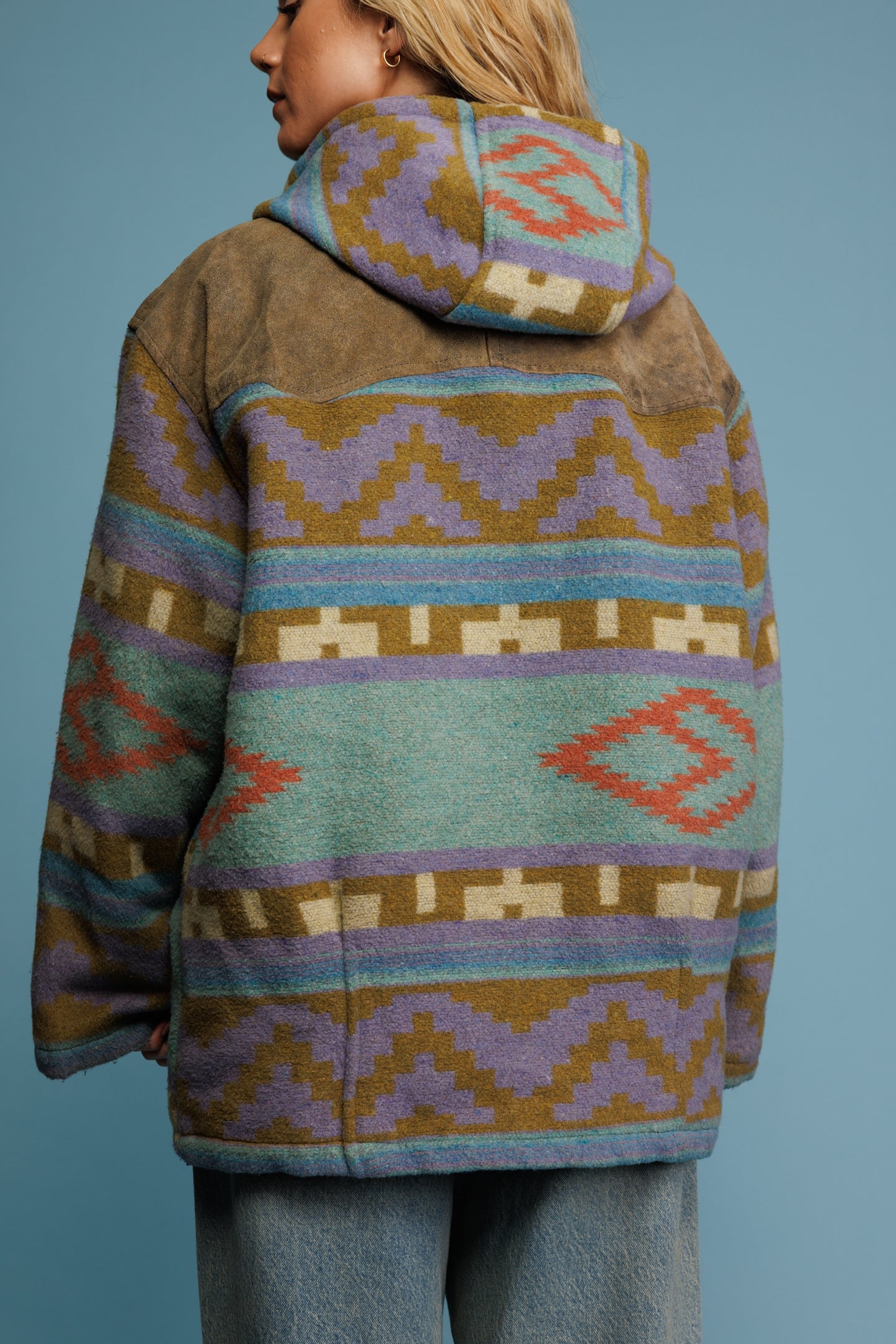 70's Pastel Aztec Wool & Suede Jacket L