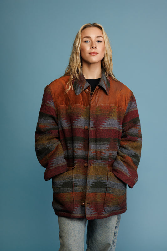 1970's Aztec & Suede Car Coat L