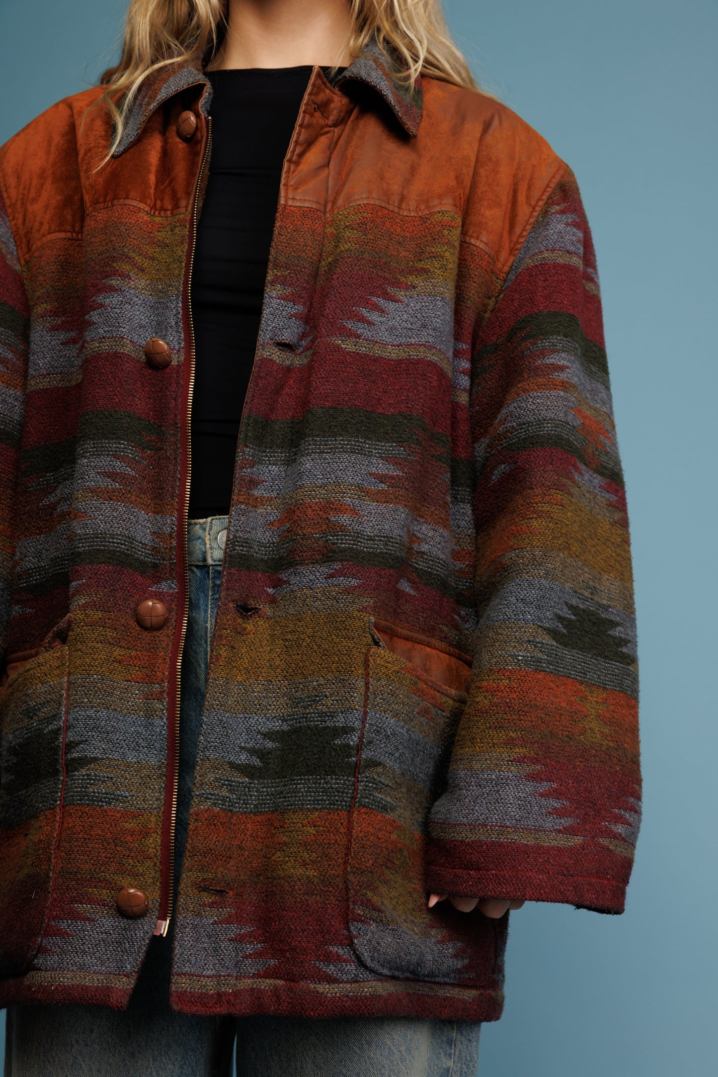 1970's Aztec & Suede Car Coat L