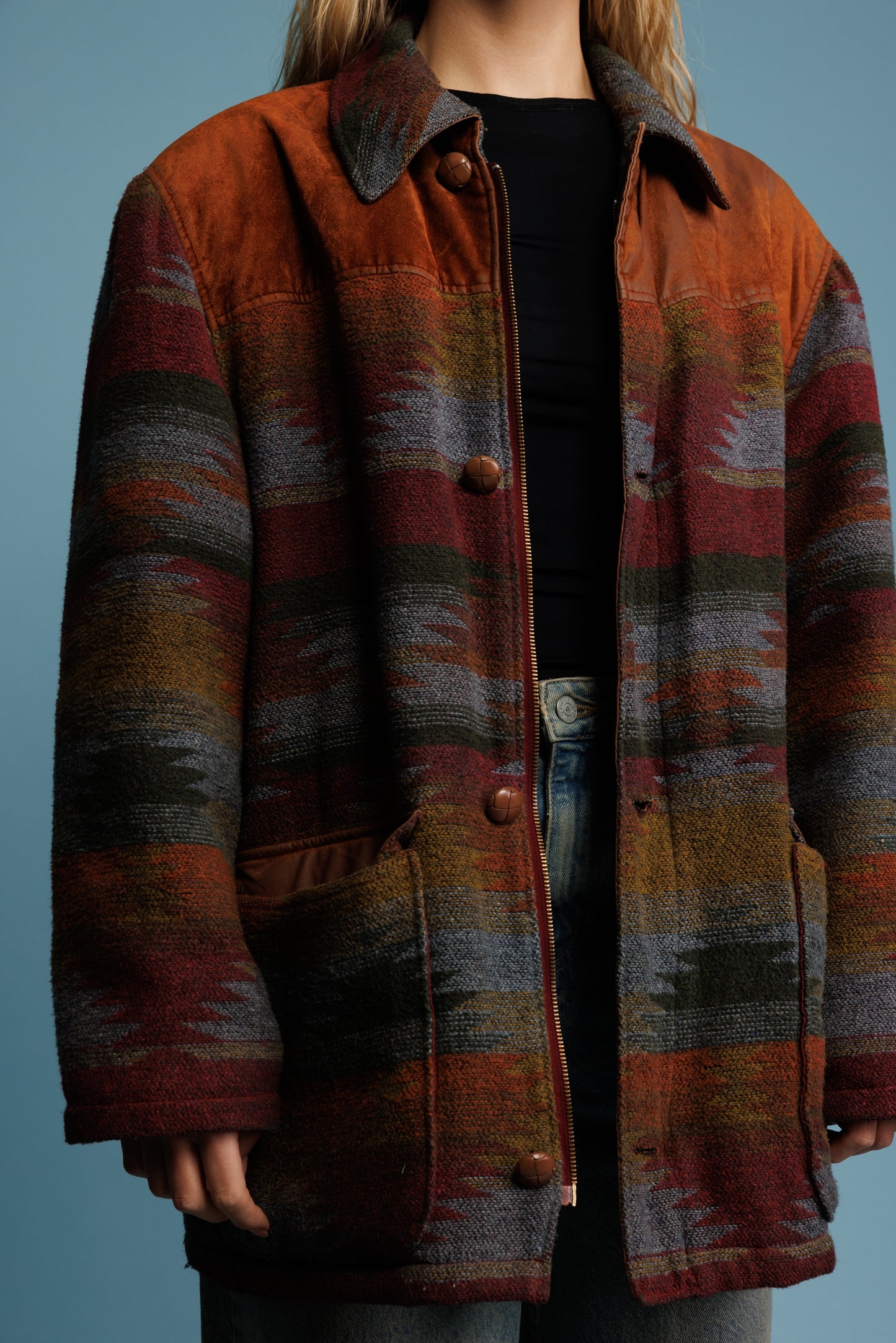 1970's Aztec & Suede Car Coat L