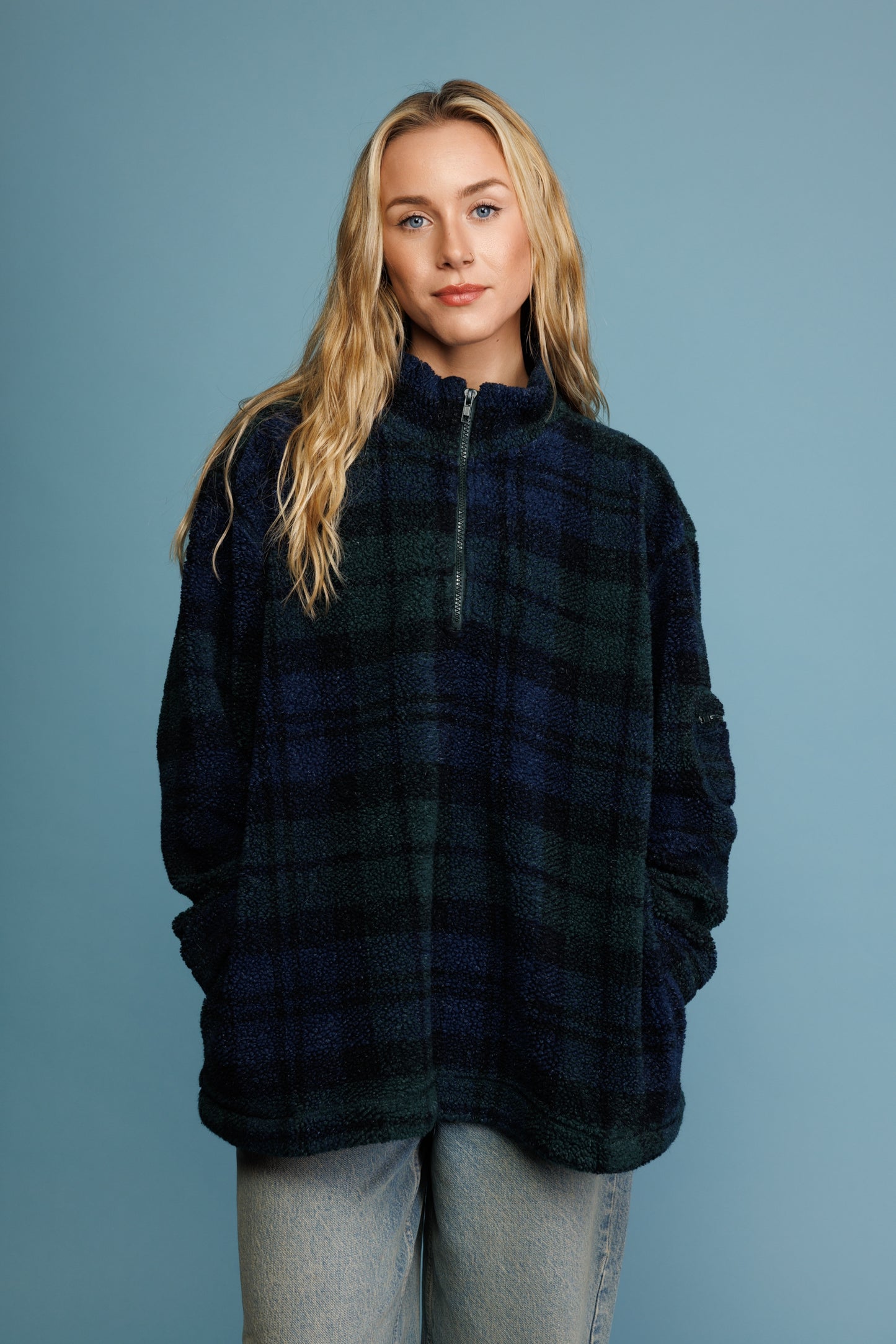 90's Green & Navy Check Borg Fleece L