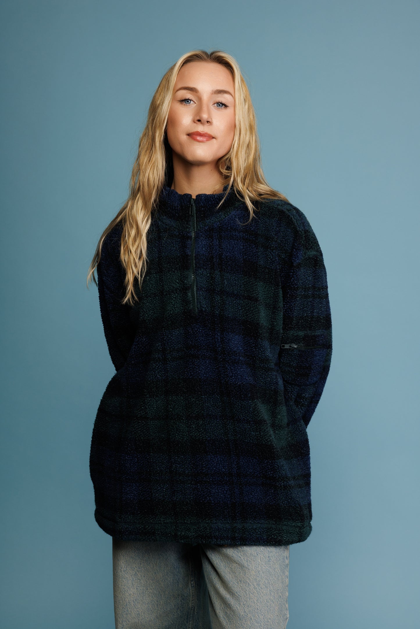 90's Green & Navy Check Borg Fleece L