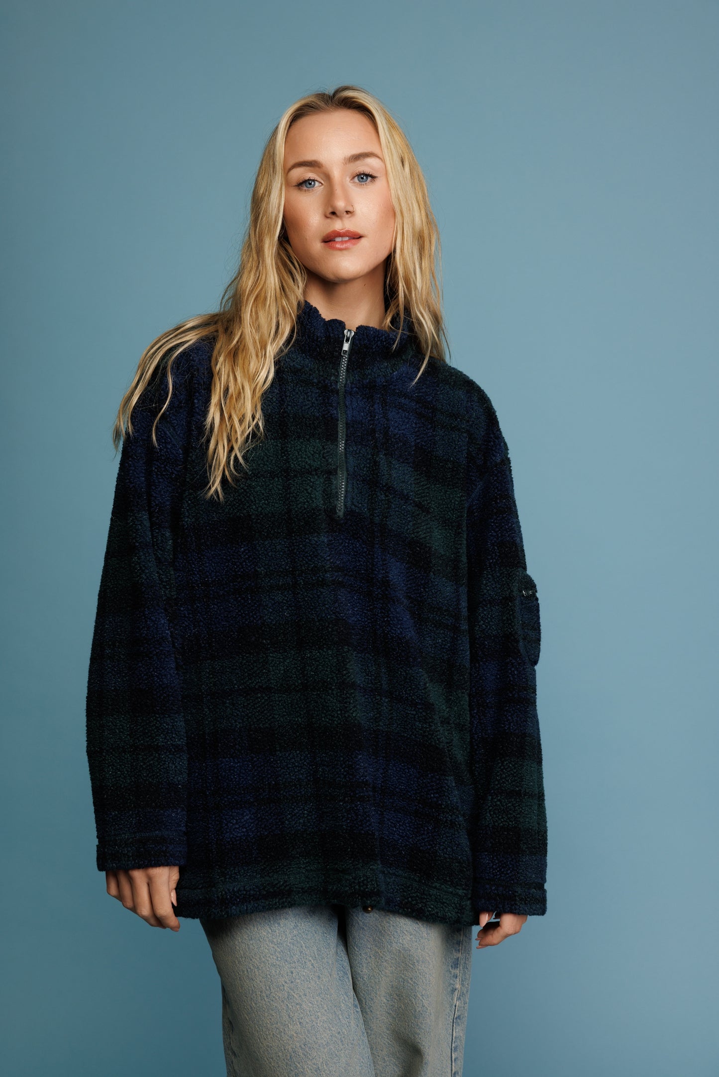 90's Green & Navy Check Borg Fleece L