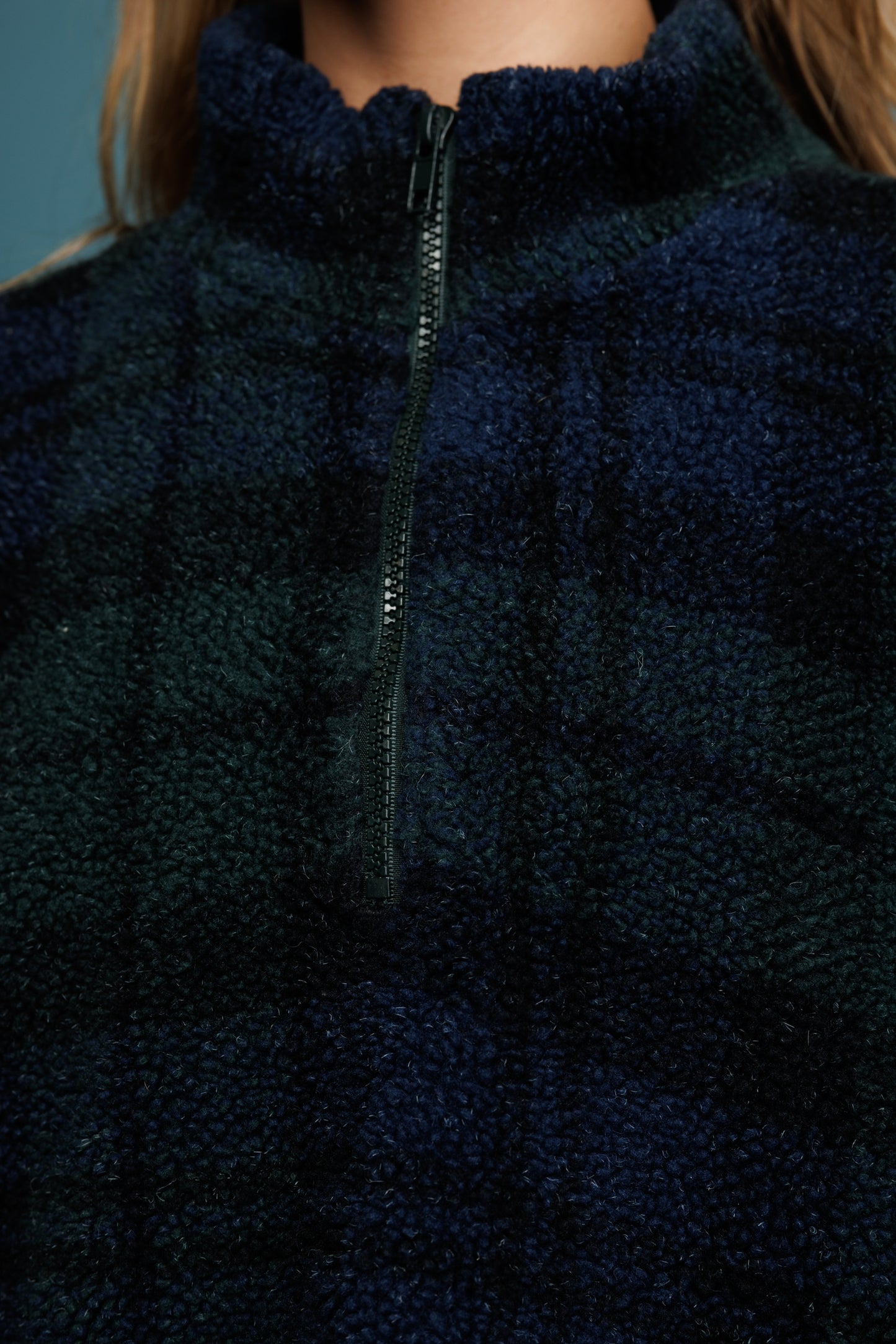 90's Green & Navy Check Borg Fleece L