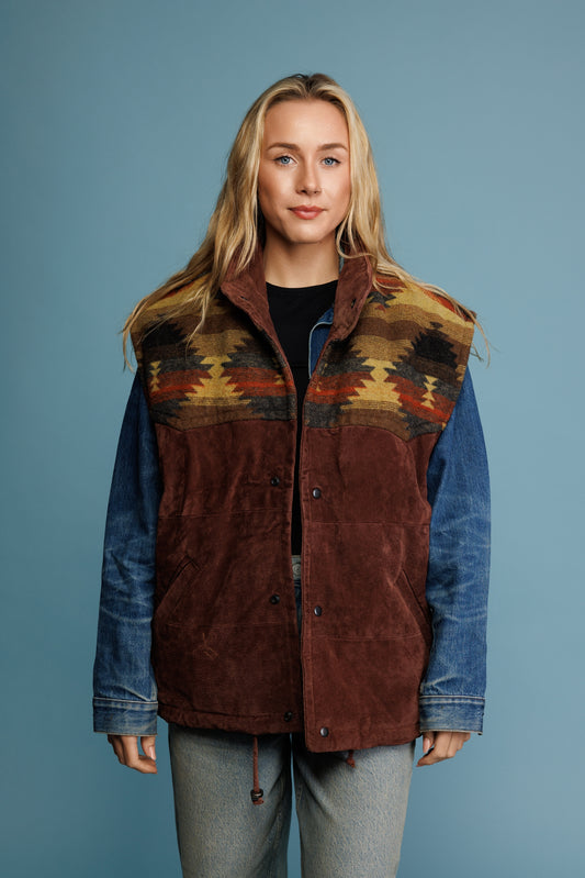 80's Aztec & Suede Bomber Gilet L
