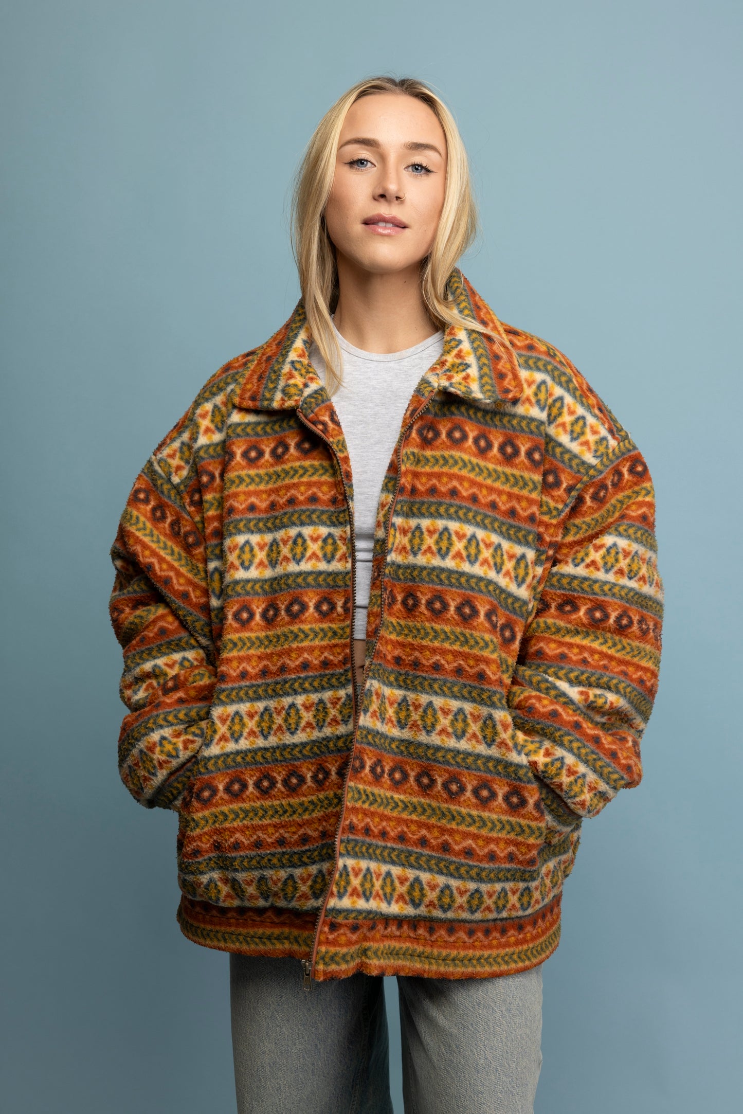 80's Orange Aztec Fleece Jacket XL