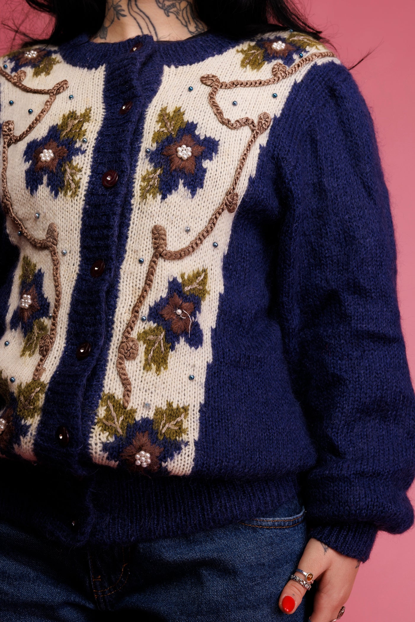 90's Floral Mohair Blend Cardigan M