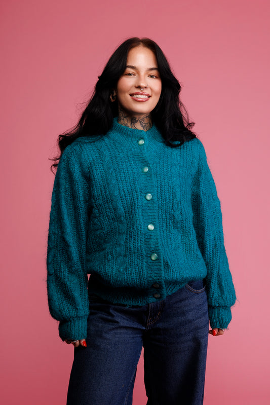 80's Teal Mohair Cardigan M