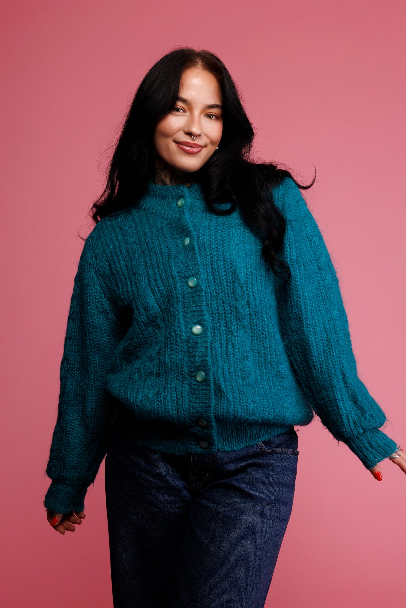 80's Teal Mohair Cardigan M