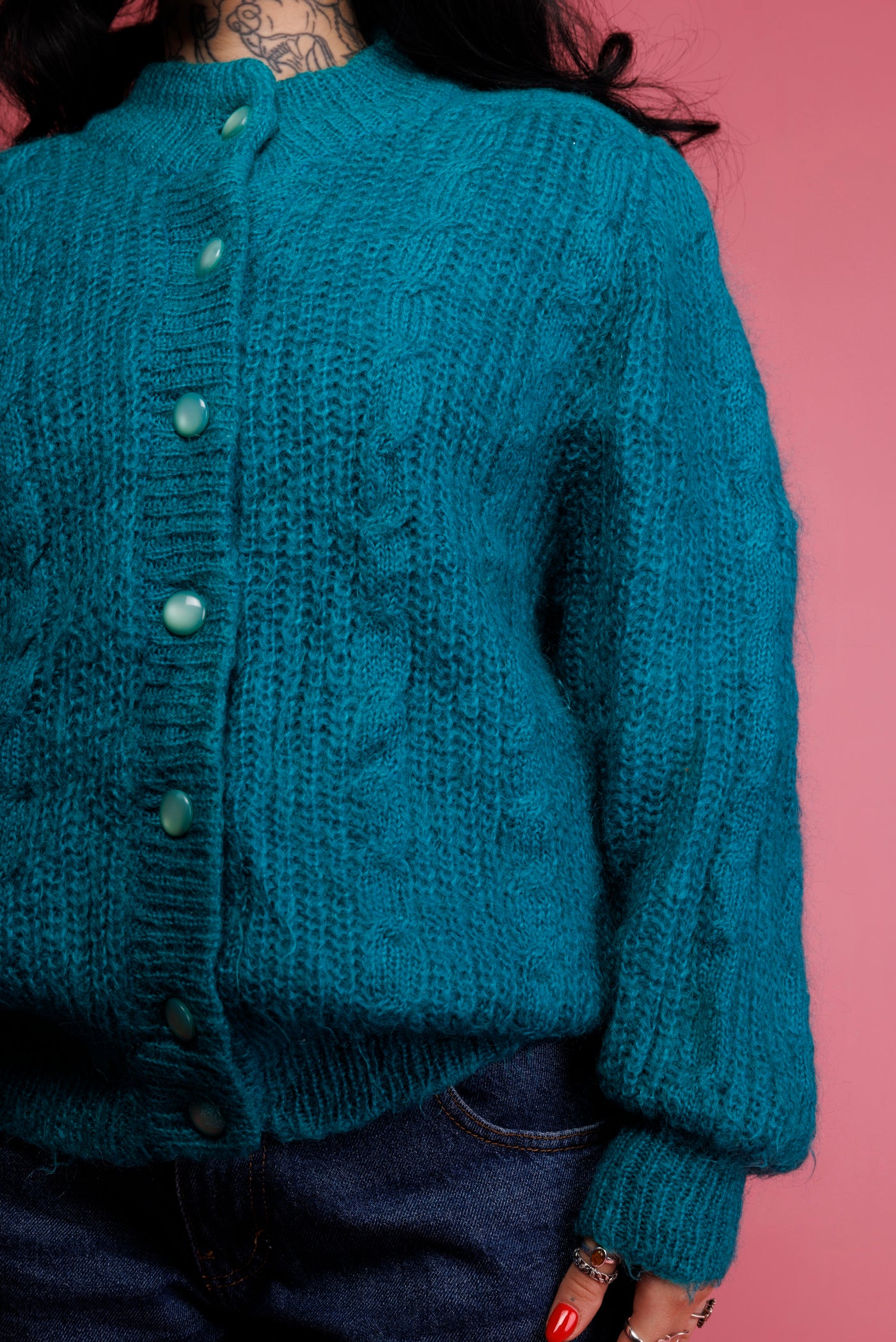 80's Teal Mohair Cardigan M