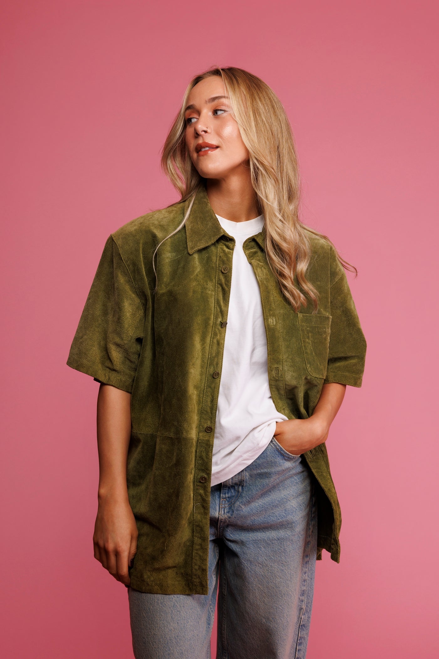 70's Green Suede Shirt L