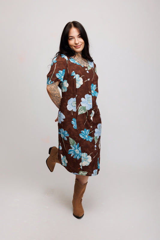 80’s Brown Floral Summer Dress M/L