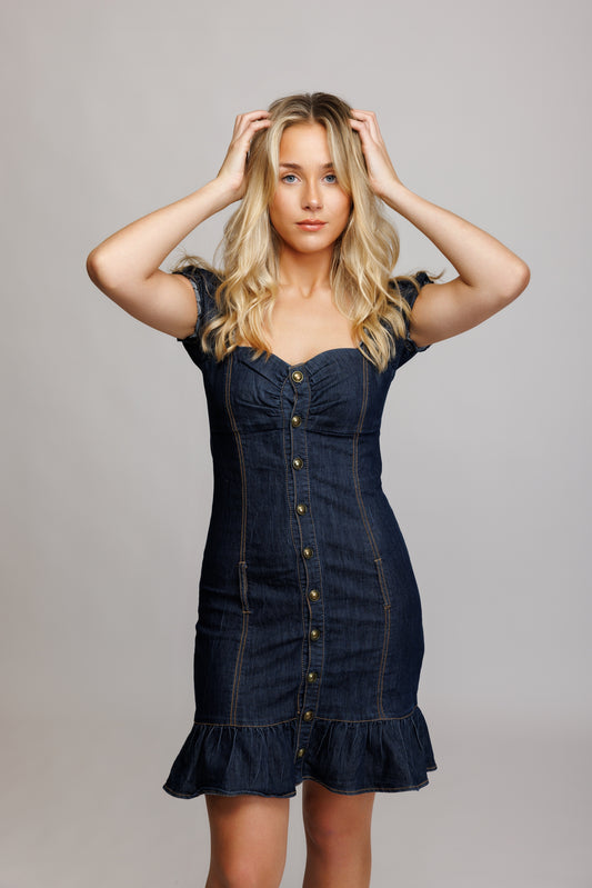 90's Sweetheart Neckline Denim Dress S