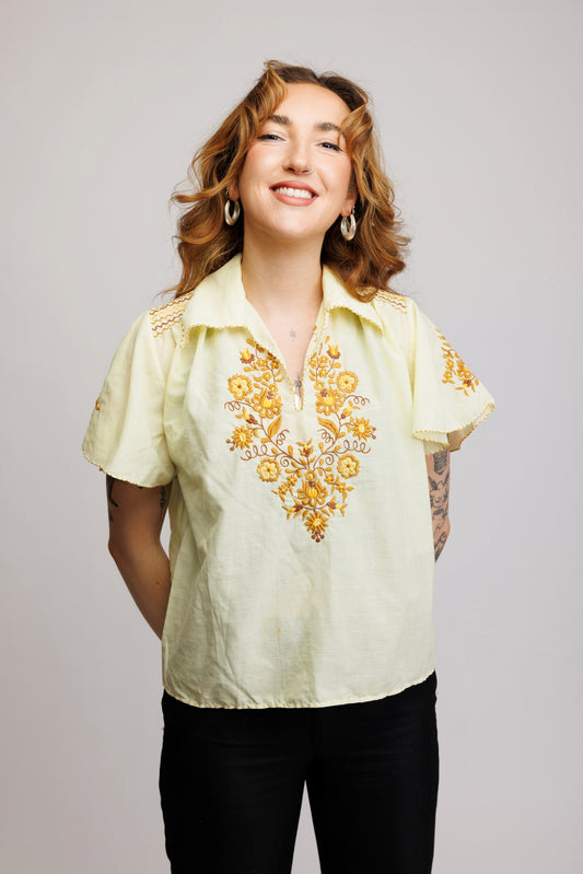 1970's Yellow Embroidered Prairie Shirt S/M