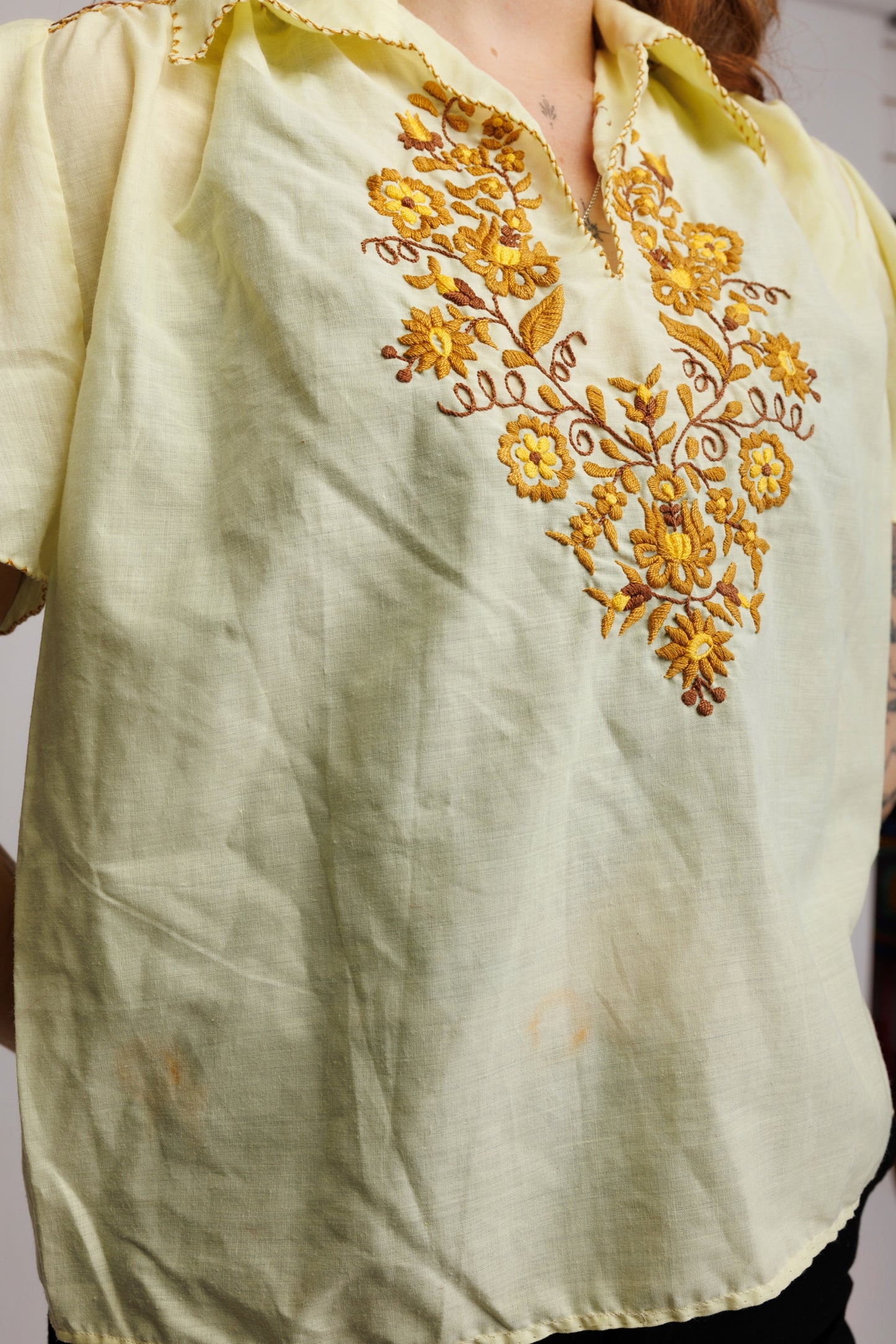 1970's Yellow Embroidered Prairie Shirt S/M