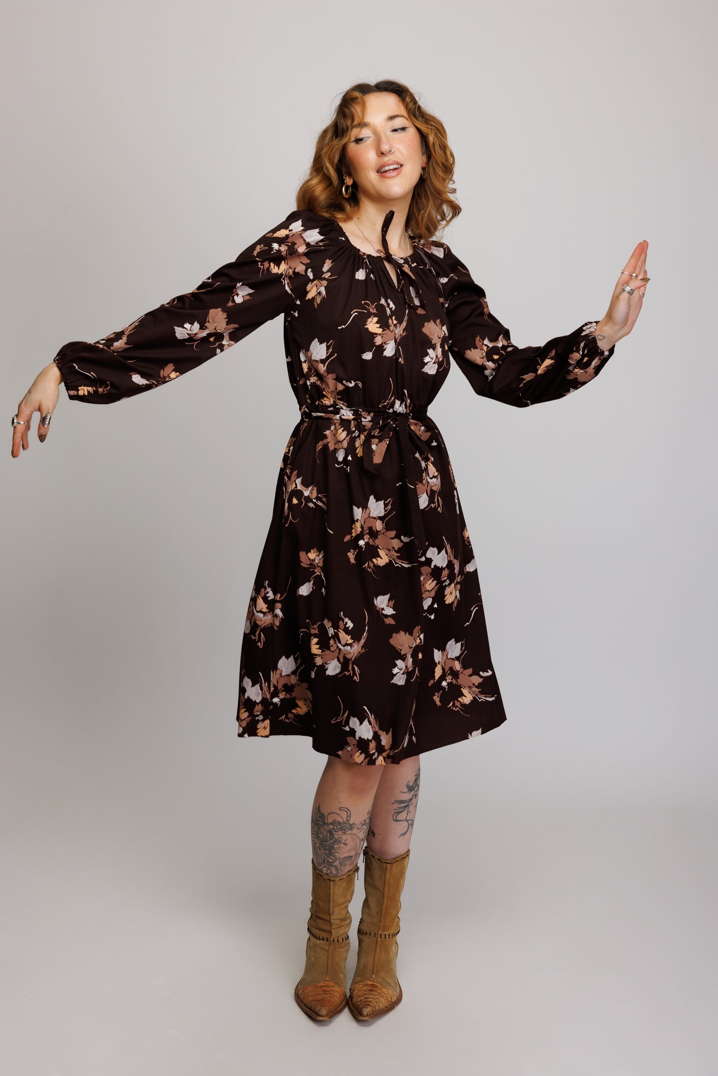 70's Floral Earth Tone Dress M/L