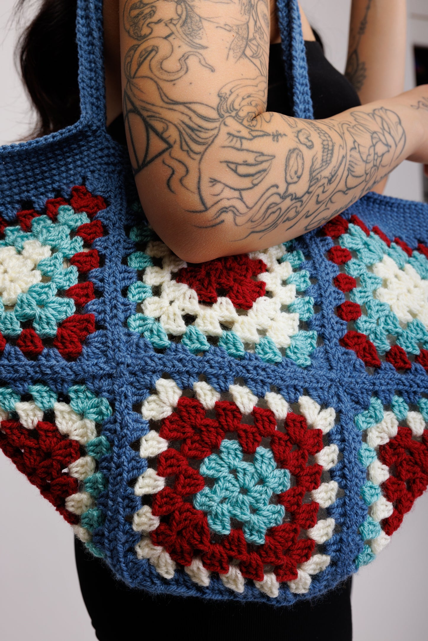 **Handmade Crochet Denim Daze Half Moon Bag**