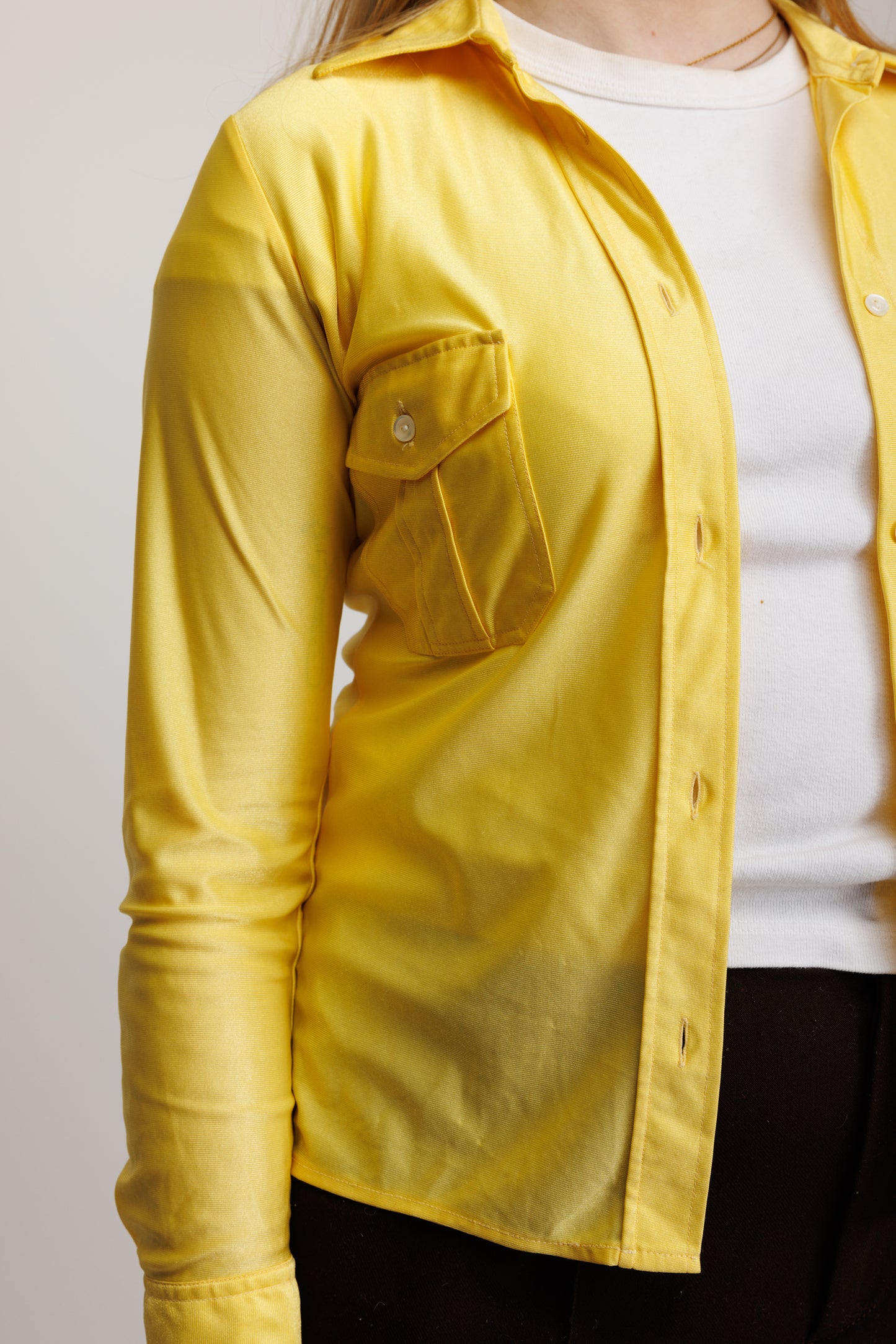 1970's Yellow Slkiny Shimmy Shirt S