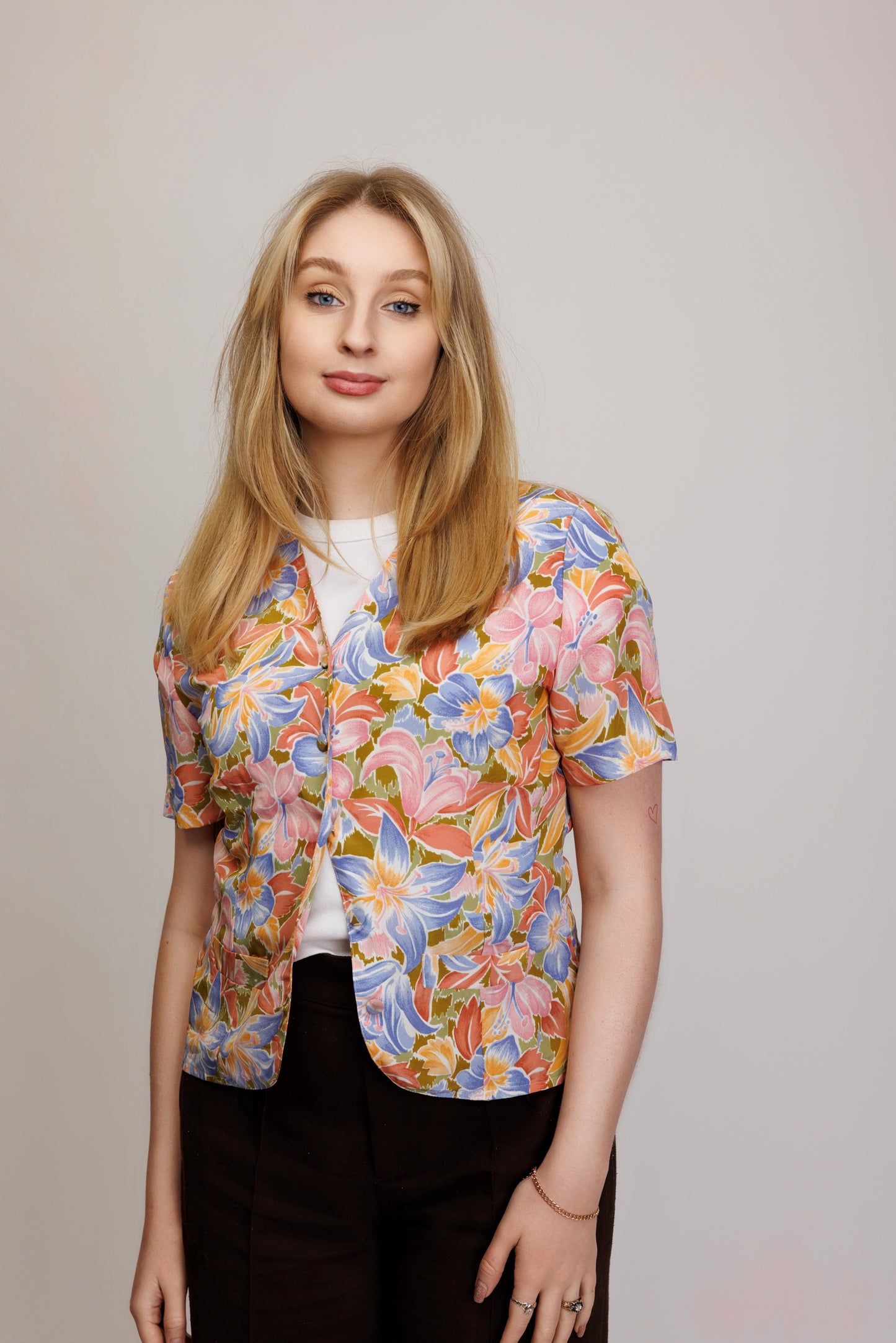 80's Floral Silky Shirt S