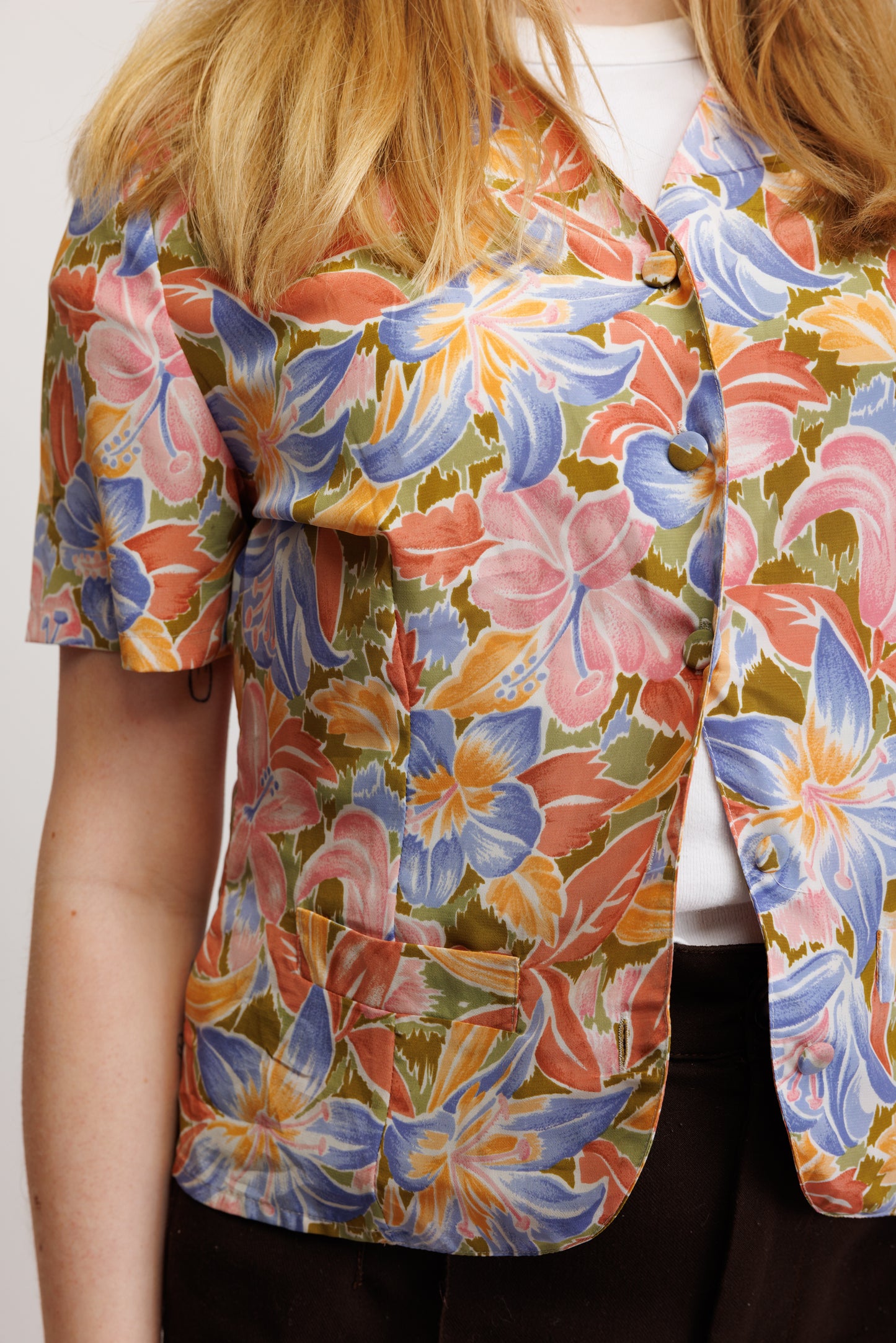 80's Floral Silky Shirt S